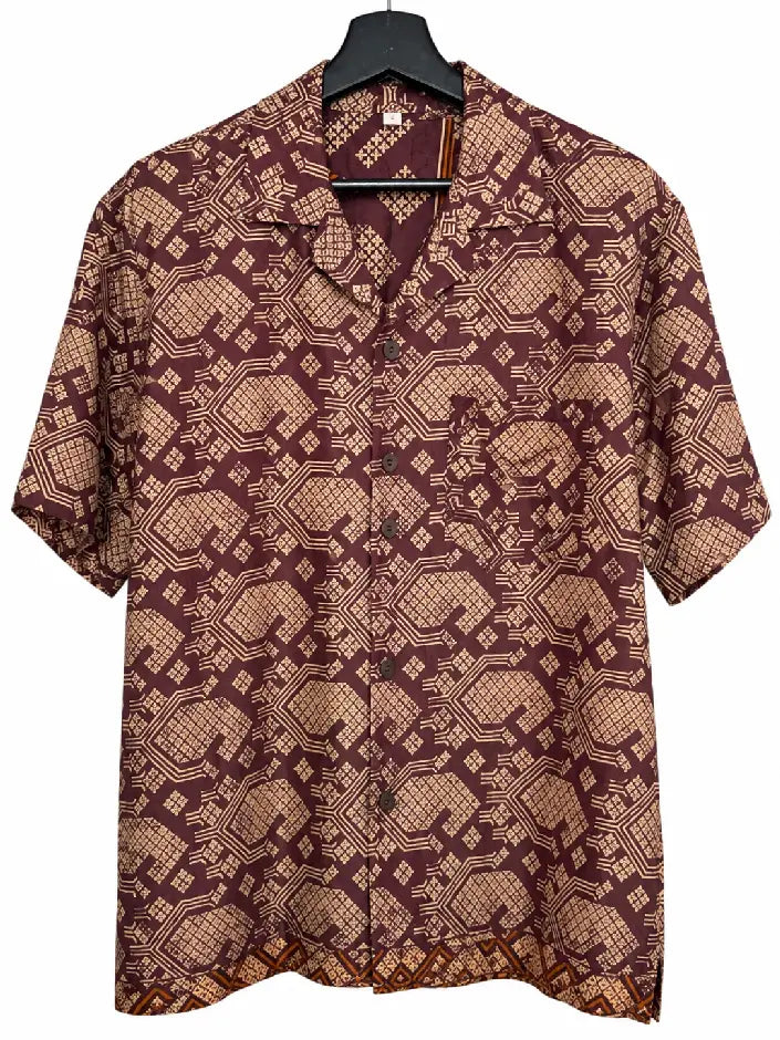 Camicia in Seta Sari Geometrica Bordeaux Ocra Esagoni Unisex - Taglia S