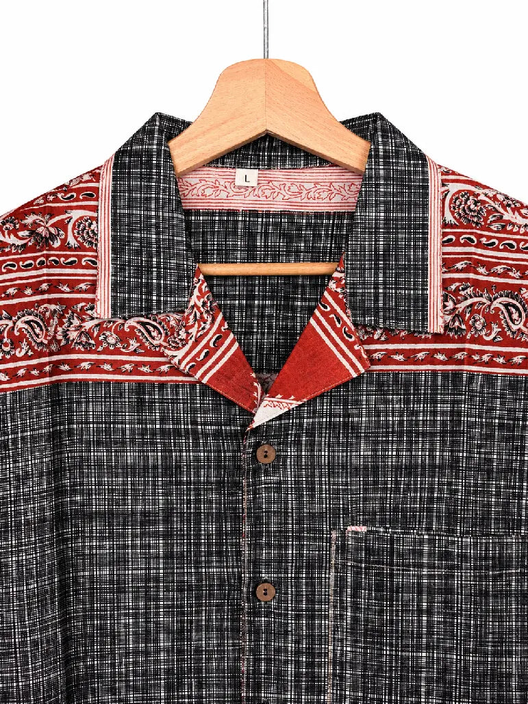 Camicia in Seta Sari Tartan e Arcate Mughal Nero Rosso Unisex - Taglia L