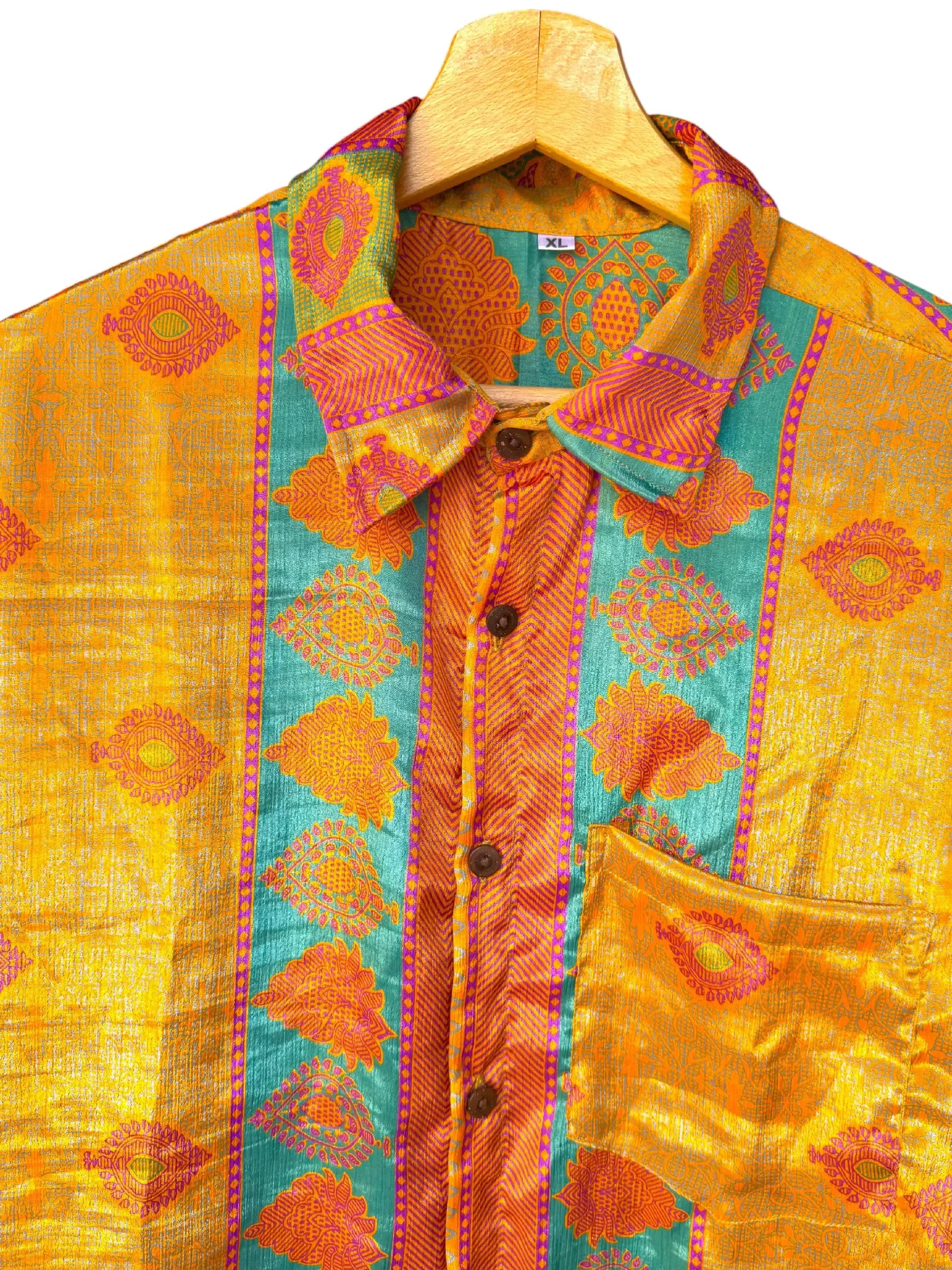 Camicia Etnica Giallo Oro Verde Paisley Boho Sari Festival - Taglia XL