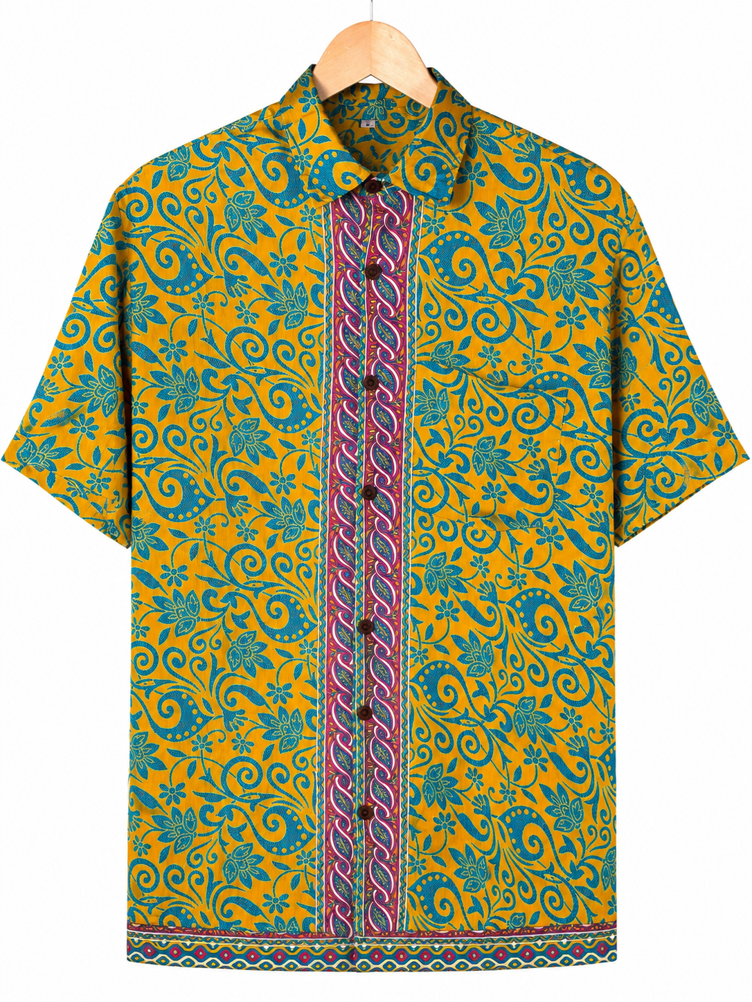 Camicia Sari Etnica Ocra Turchese Floreale Fucsia Unisex - Taglia L