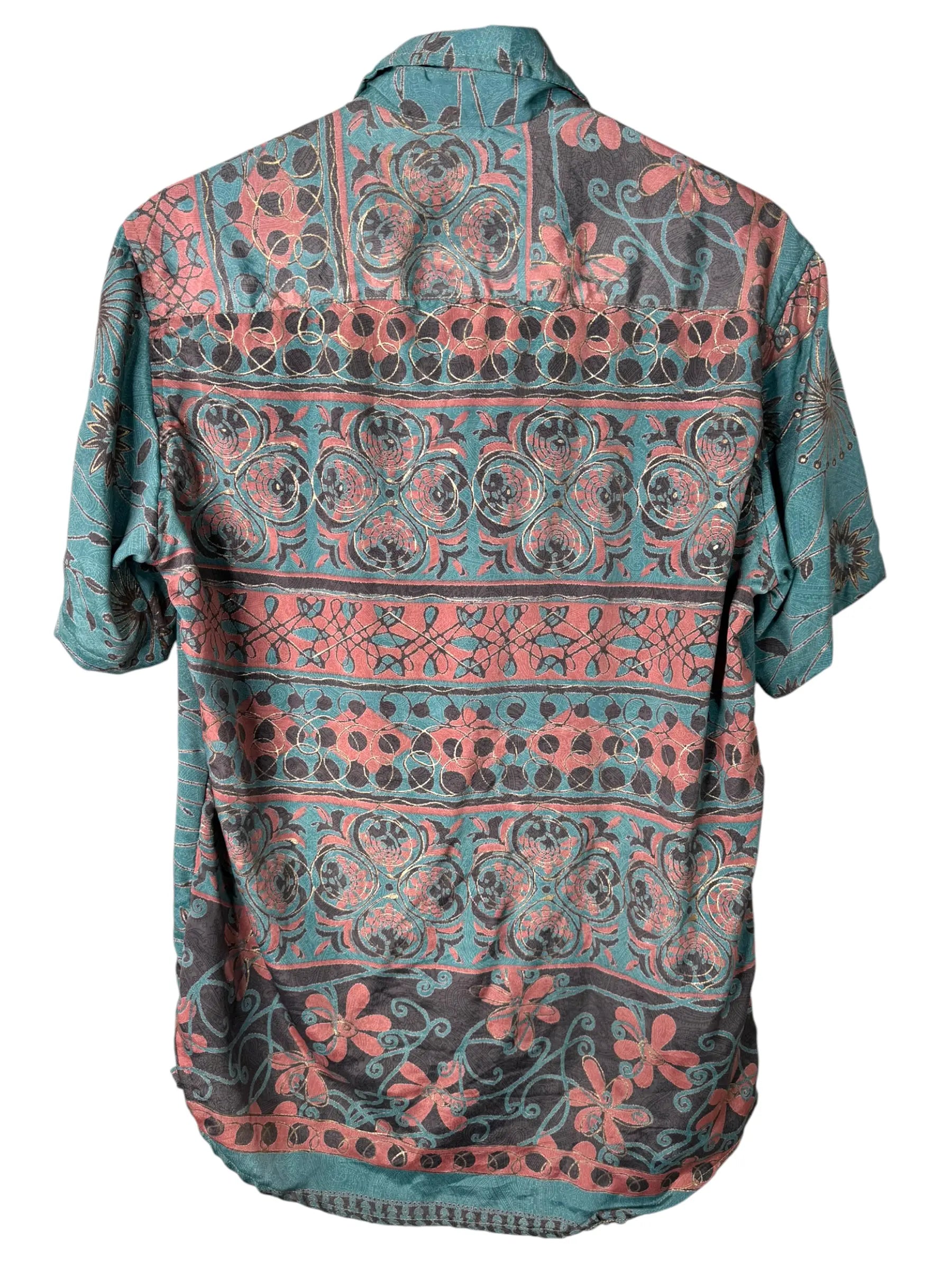 Camicia Etnica Verde Acqua Floreale - Sari Upcycled - Taglia M