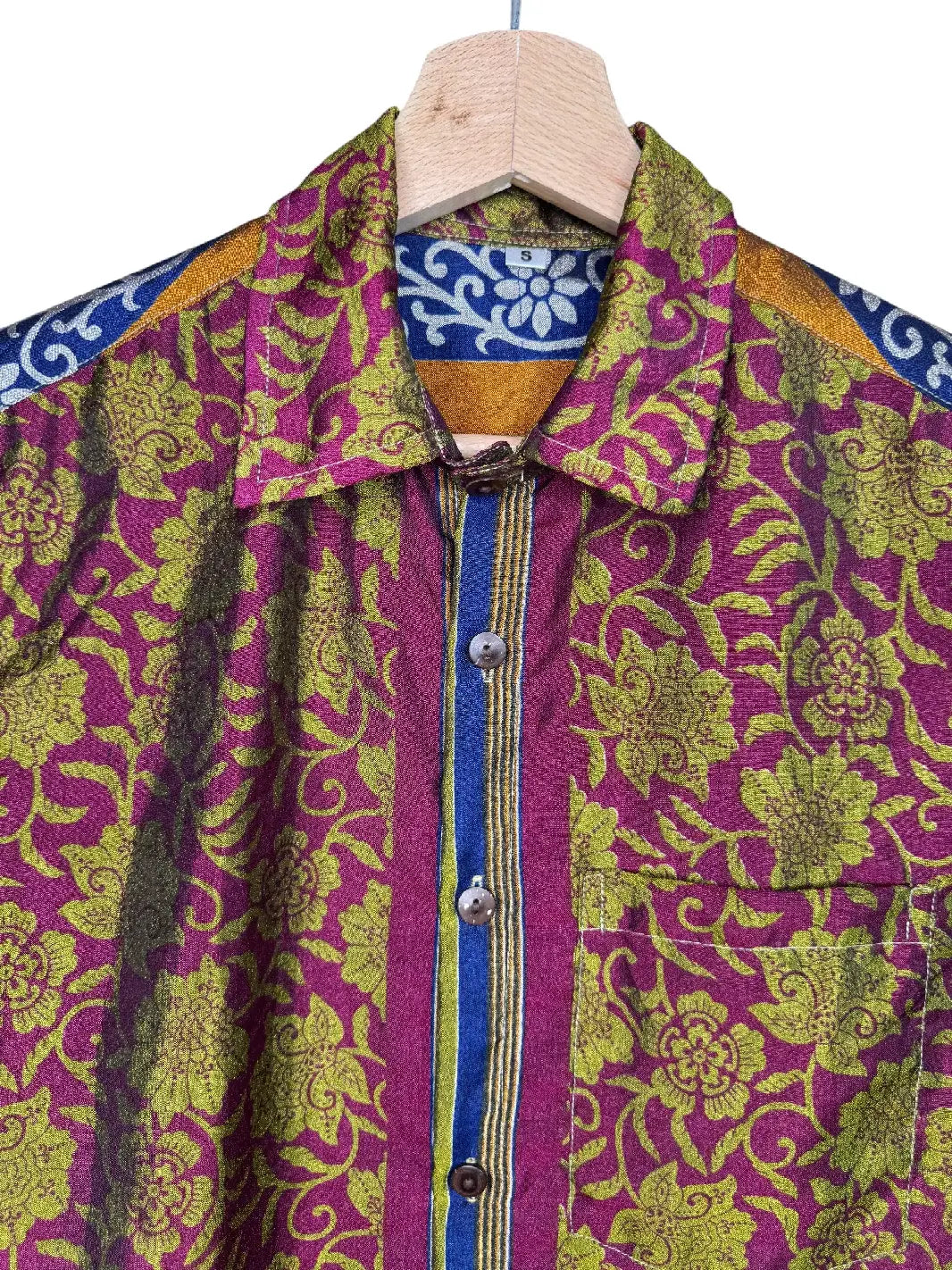 Camicia Sari Etnica Fucsia Verde Oliva Floreale Unisex - Taglia S