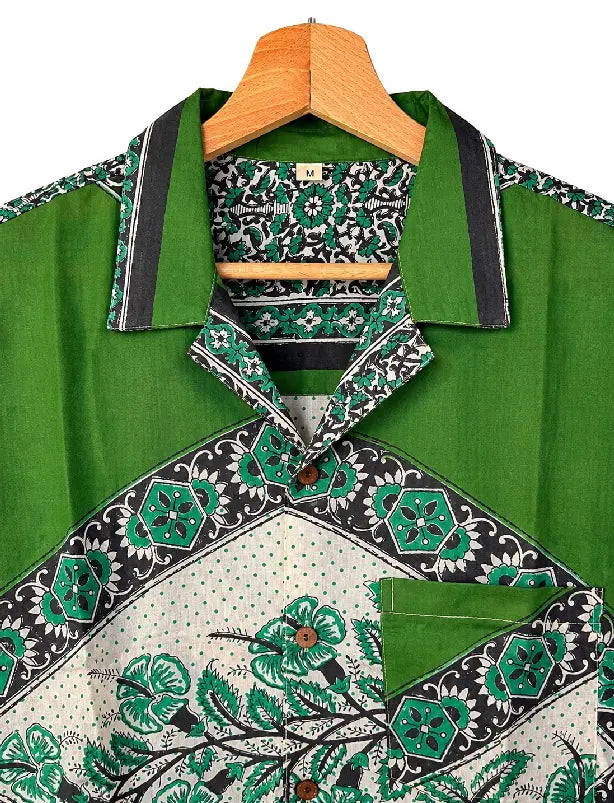 Camicia in Seta Sari Verde con Medaglioni a Rombo Unisex - Taglia M