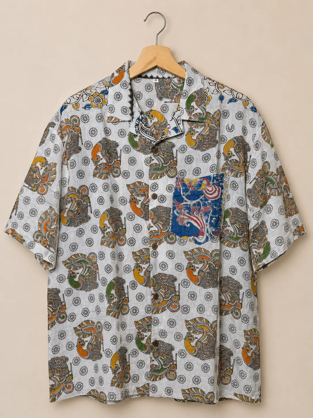 Camicia Etnica Sari Block Print Pavoni Retro - Taglia M