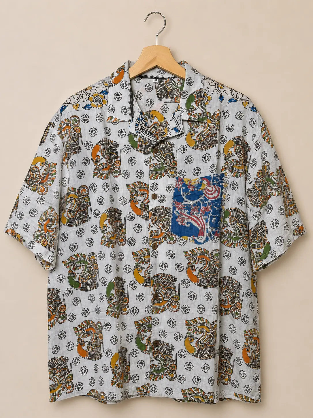 Camicia Etnica Sari Block Print Pavoni Retro - Taglia M