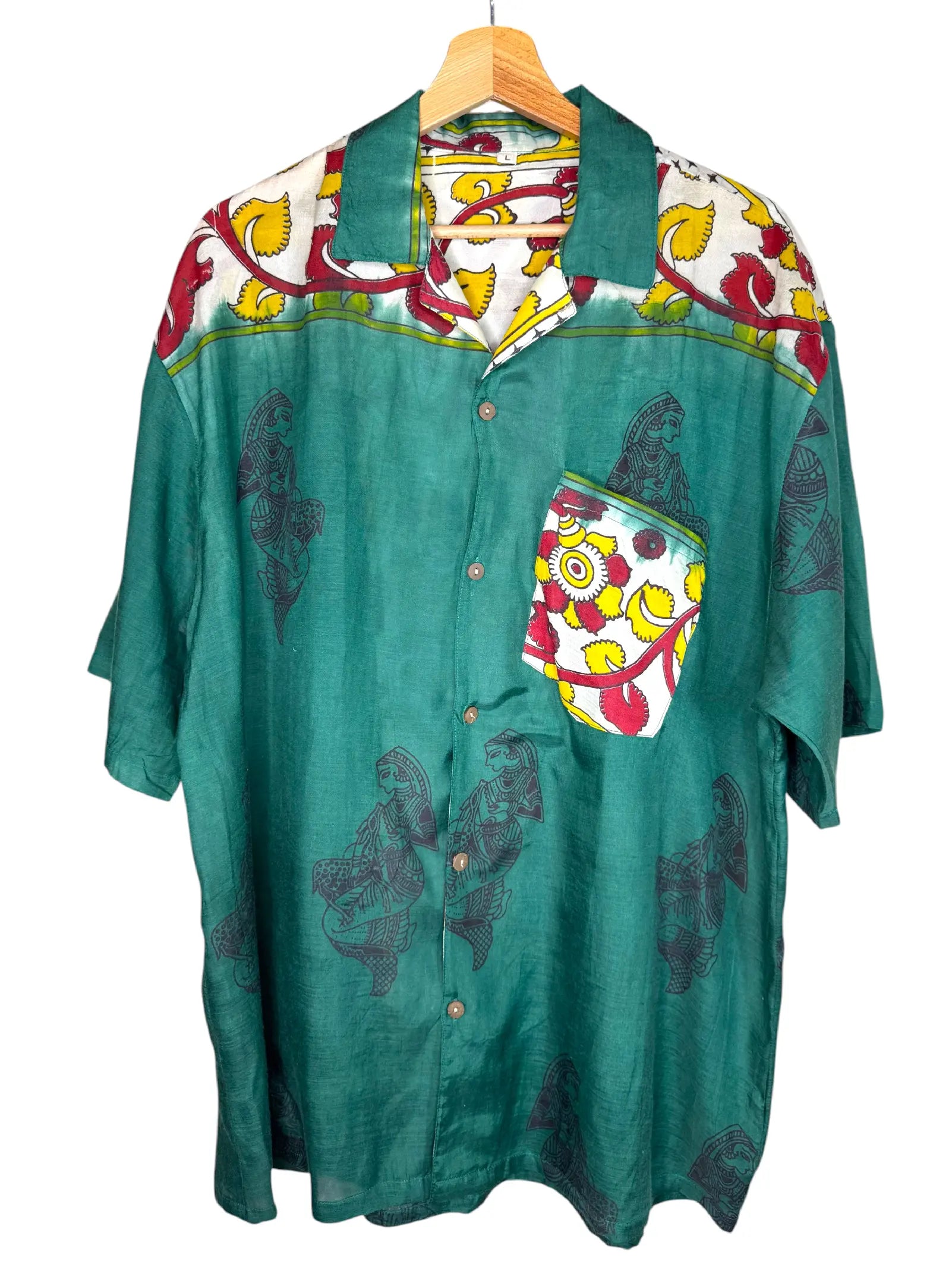 Camicia Etnica Kalamkari Danzatrici Cotone Verde - Taglia L