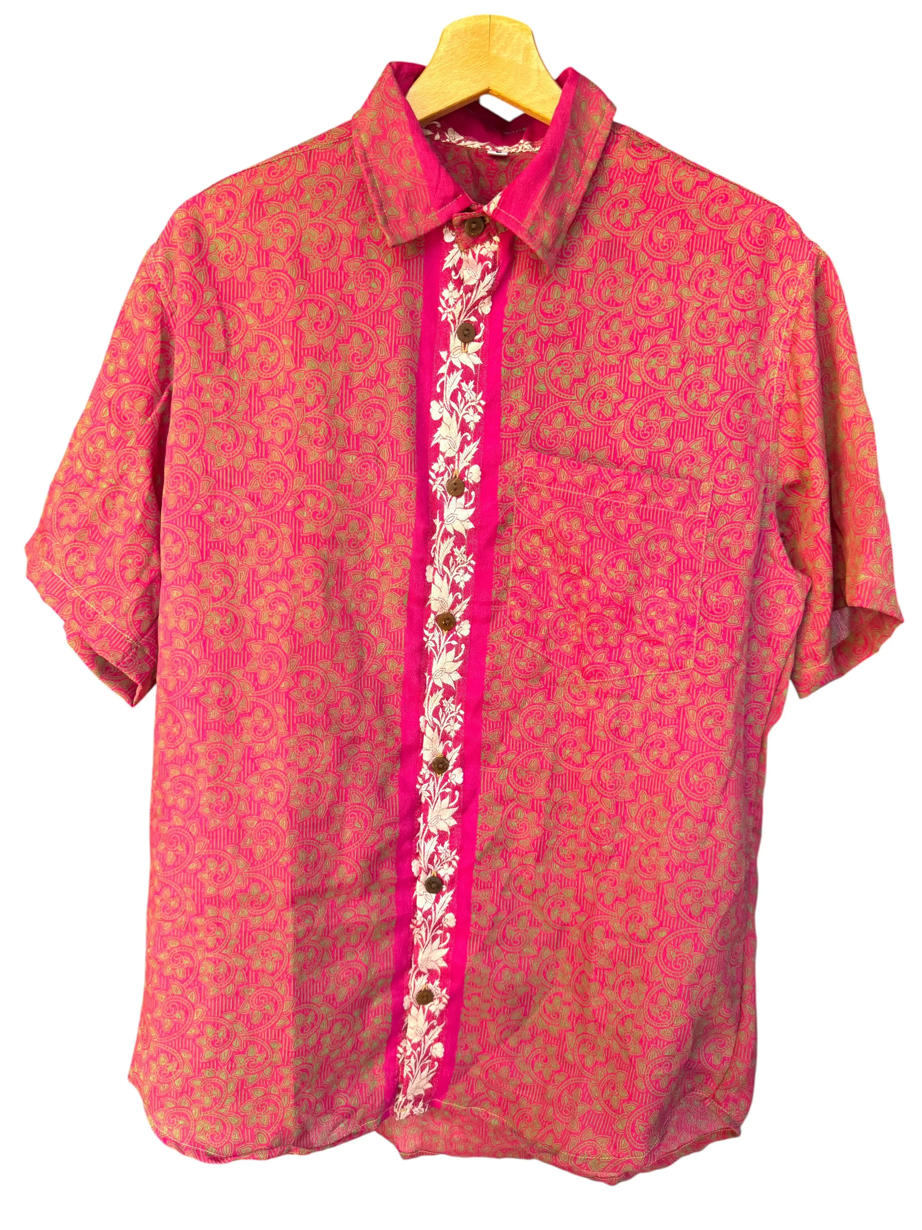 Camicia Etnica Fucsia Verde - Arabesco Floreale Boho Sari - Taglia L