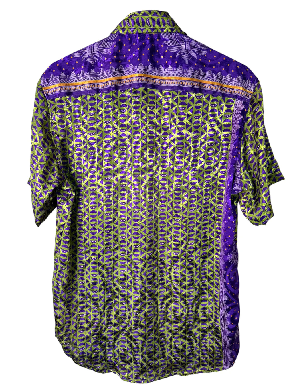 Camicia Etnica Viola e Verde Geometrica - Sari Upcycled - Taglia M