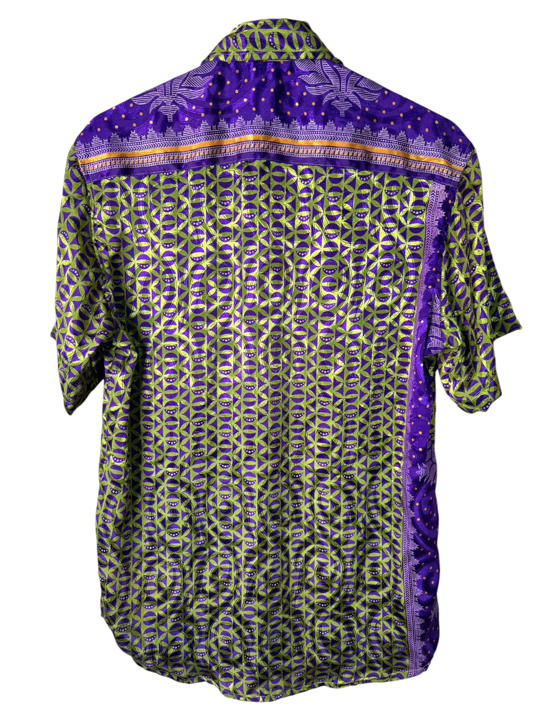 Camicia Etnica Viola e Verde Geometrica - Sari Upcycled - Taglia M