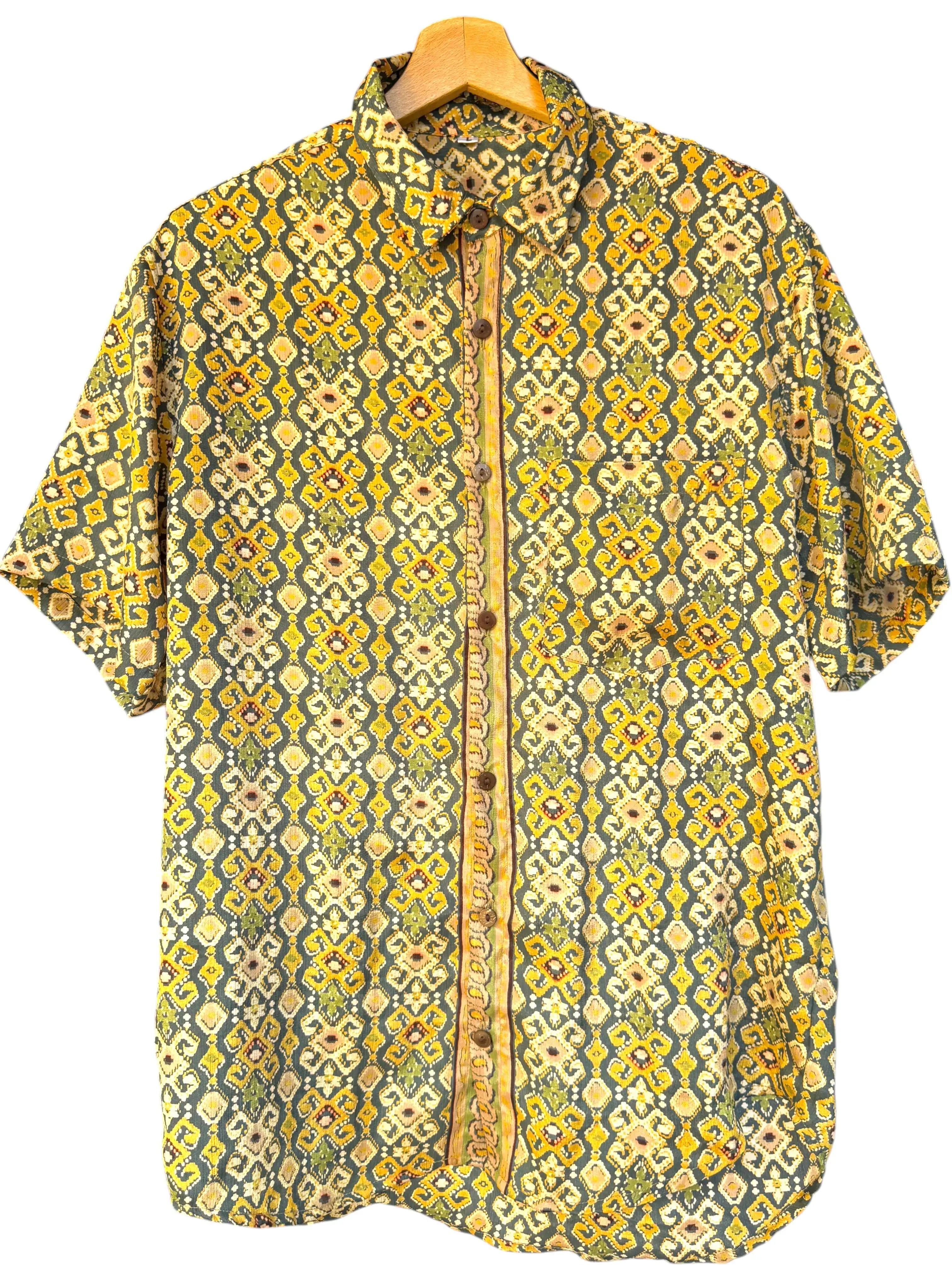 Camicia Etnica Verde Ocra Ikat Geometrico Boho Sari Unisex - Taglia L
