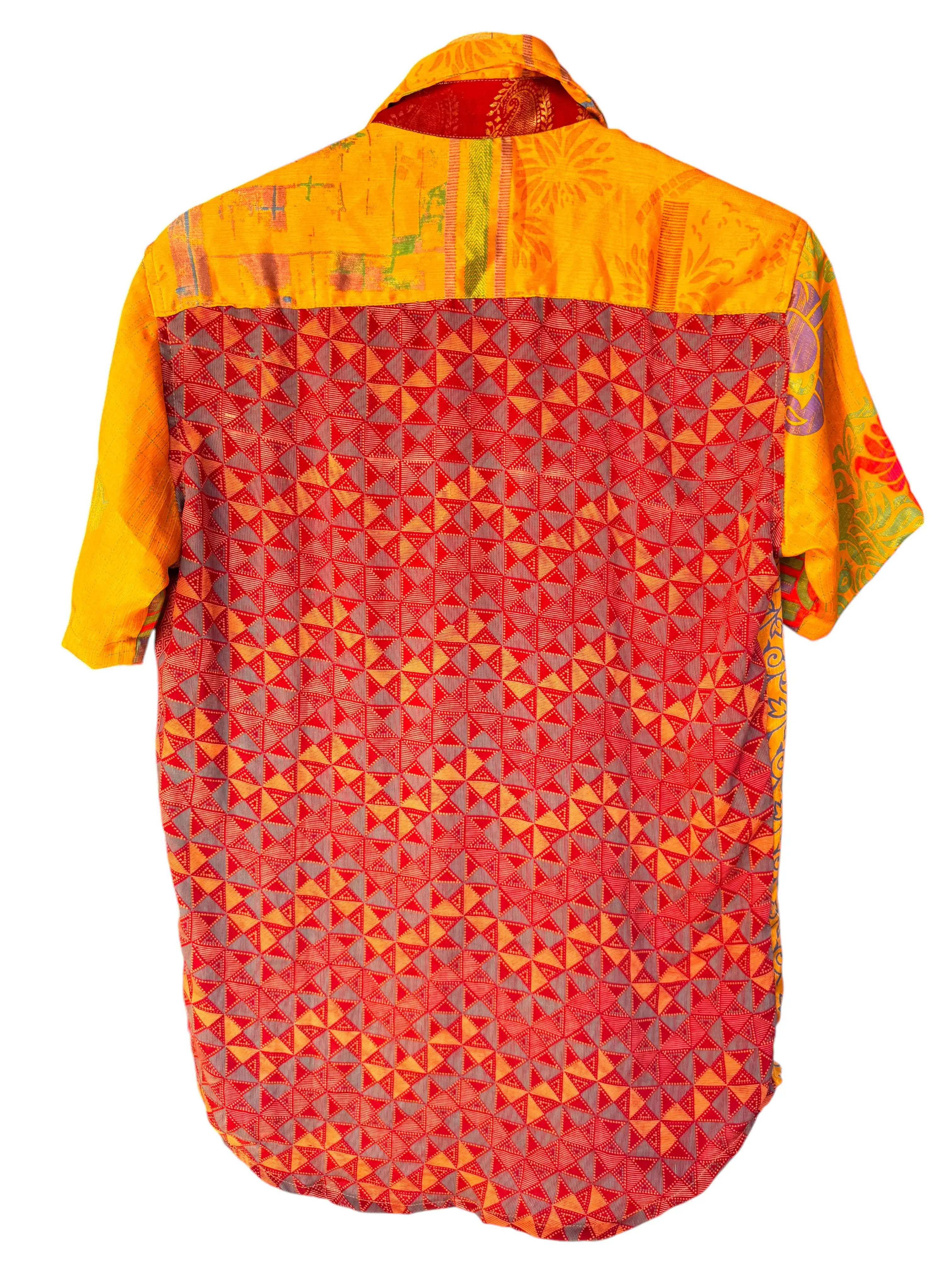 Camicia Patchwork Etnica Arancione e Azzurra Boho Unisex - Taglia S