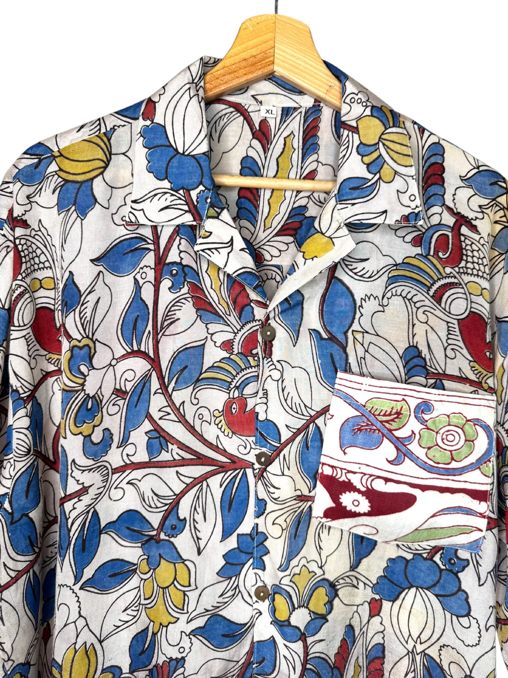 Camicia Etnica Kalamkari Pappagalli Cotone Blu - Taglia XL