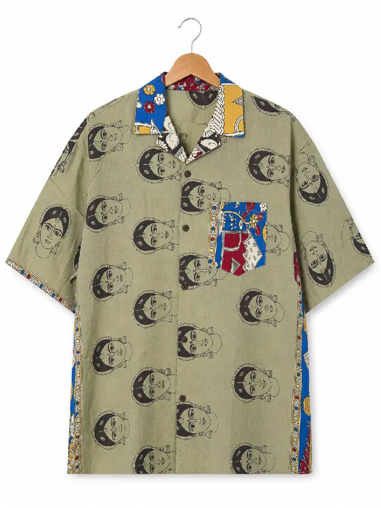 Camicia Kalamkari Block Print Dea Indiana e Pavone Verde Unisex - Taglia XL CAMICIE PARTICOLARI