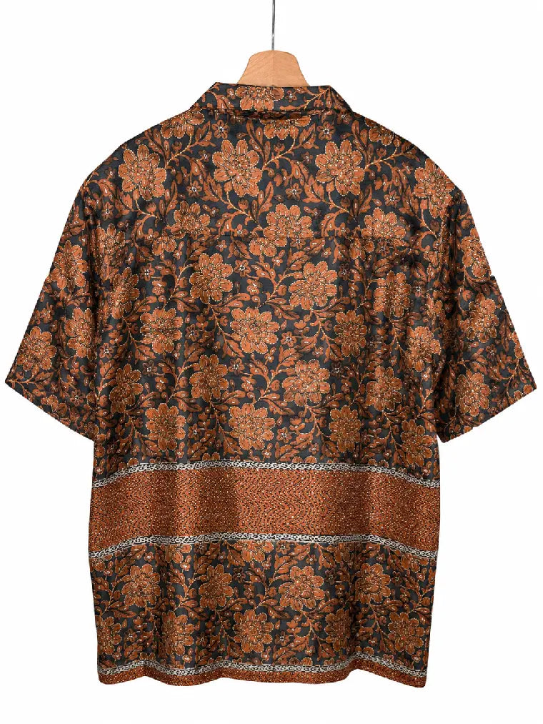 Camicia in Seta Sari Floreale Ricamata Nero e Rame Unisex - Taglia XL