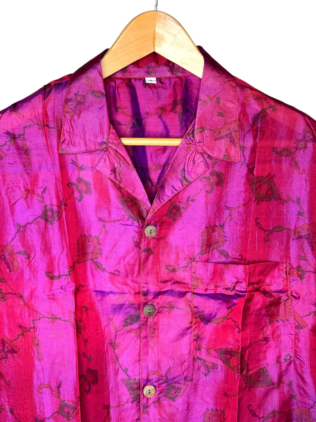Camicia Etnica in Seta Sari Fucsia Iridescente - Taglia S