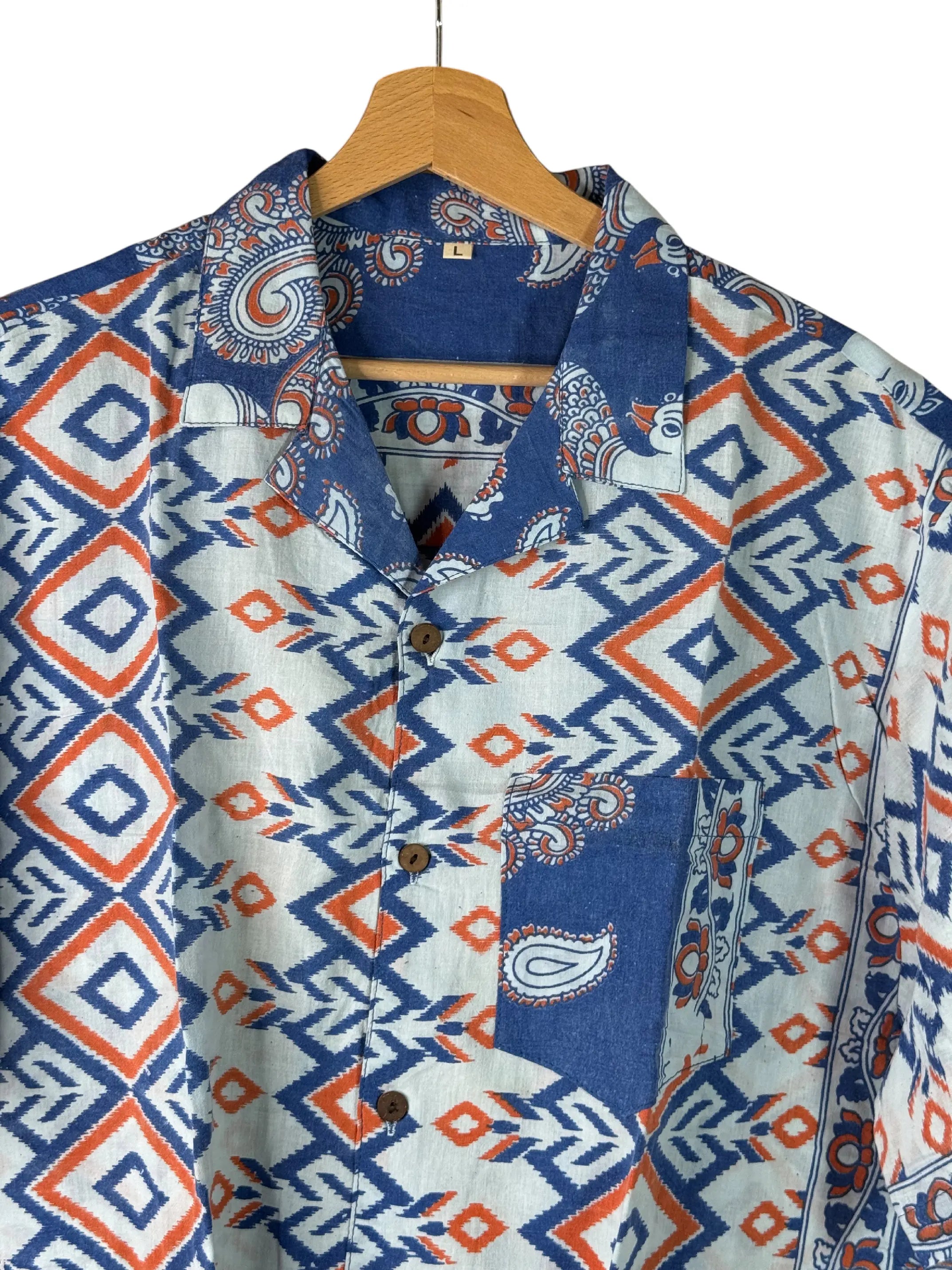 Camicia Sari Block Print Geometrico Blu Arancio Unisex - Taglia L CAMICIE PARTICOLARI