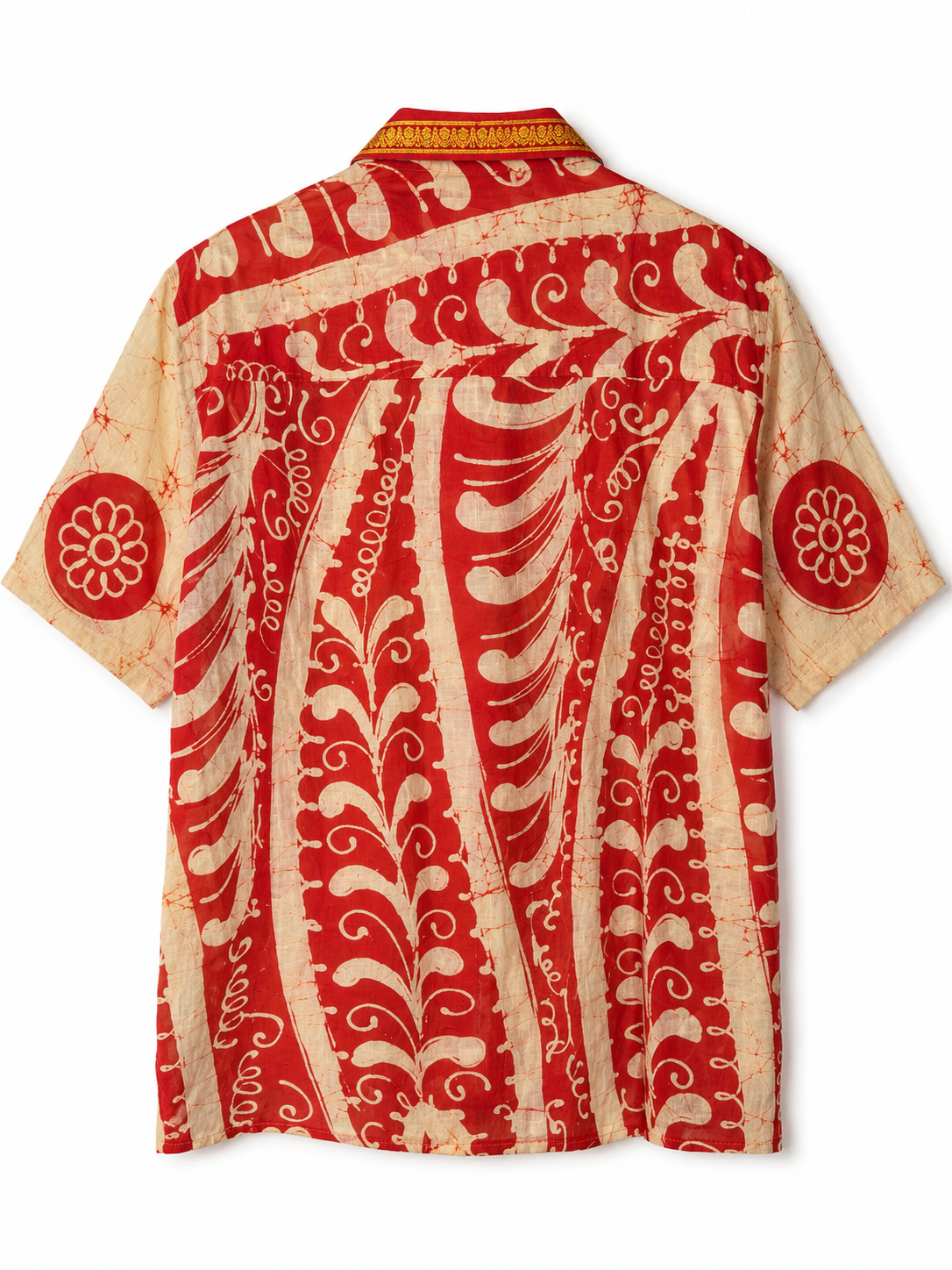 Camicia in Seta Sari Tie-Dye Rosso Avorio Floreale Unisex - Taglia M