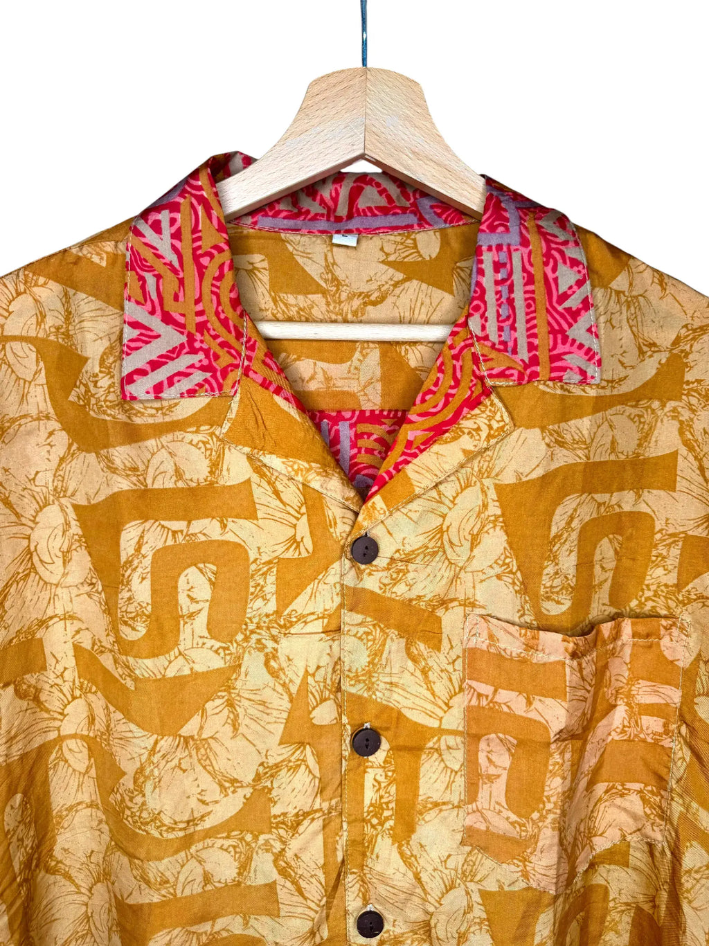 Camicia Etnica in Seta Sari Labirinto Senape Fucsia - Tg L