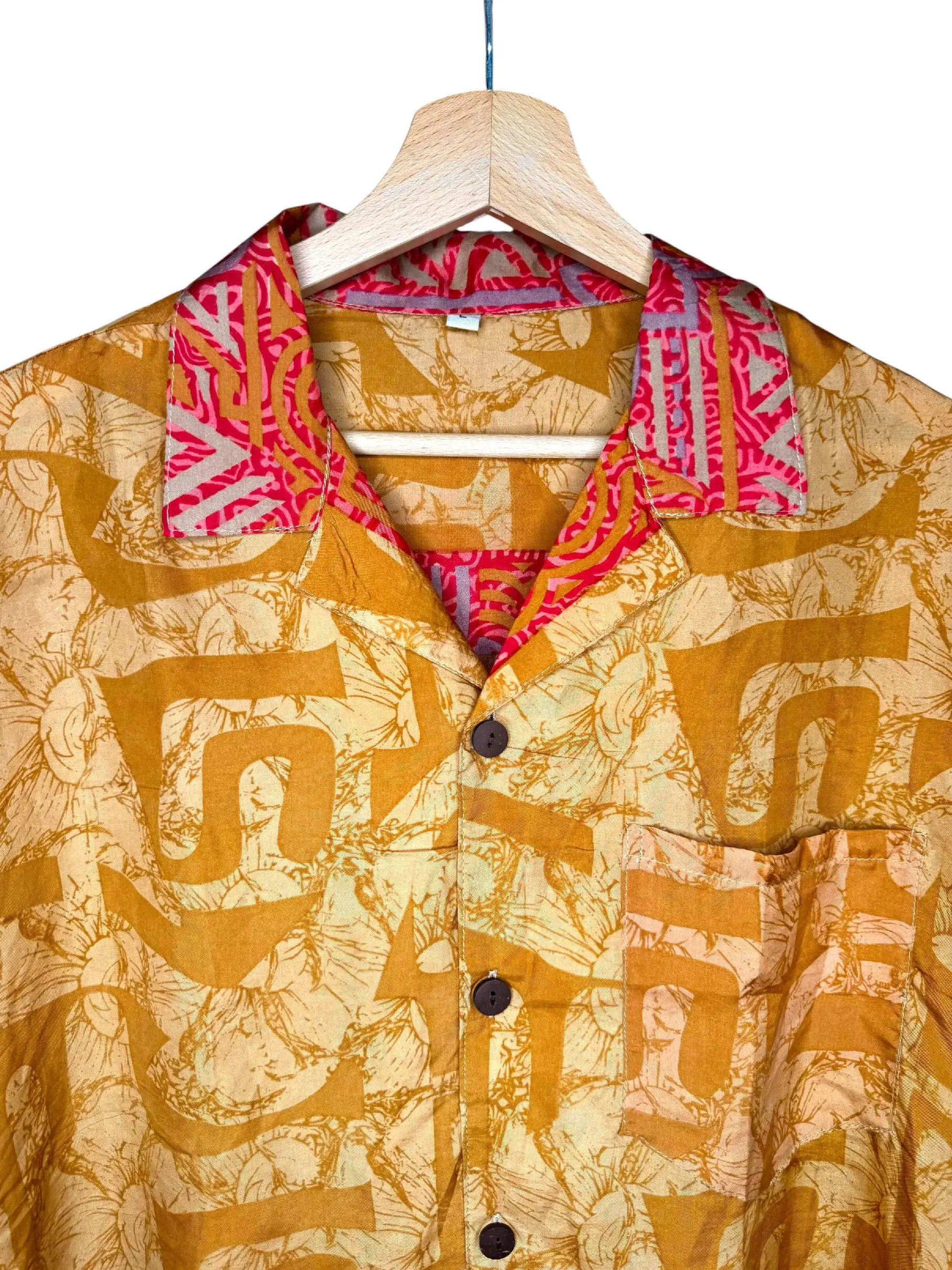 Camicia Etnica in Seta Sari Labirinto Senape Fucsia - Tg L
