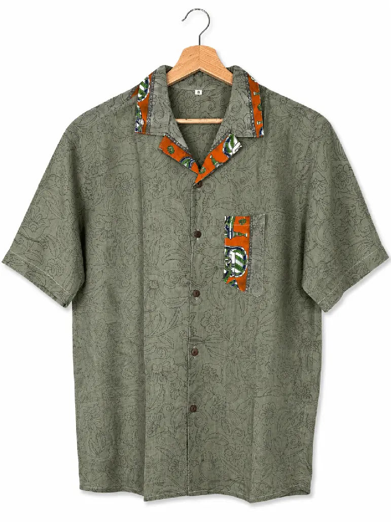Camicia Sari Block Print Verde Salvia Arancio Unisex - Taglia S CAMICIE PARTICOLARI