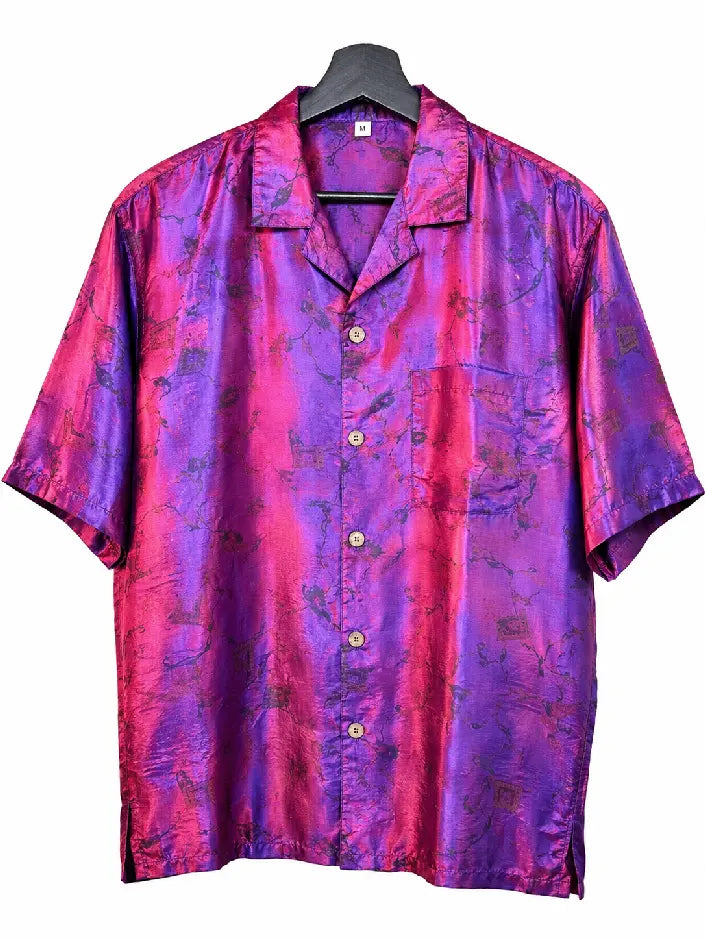 Camicia in Seta Sari Cangiante Fucsia Viola Mandala Unisex - Taglia M
