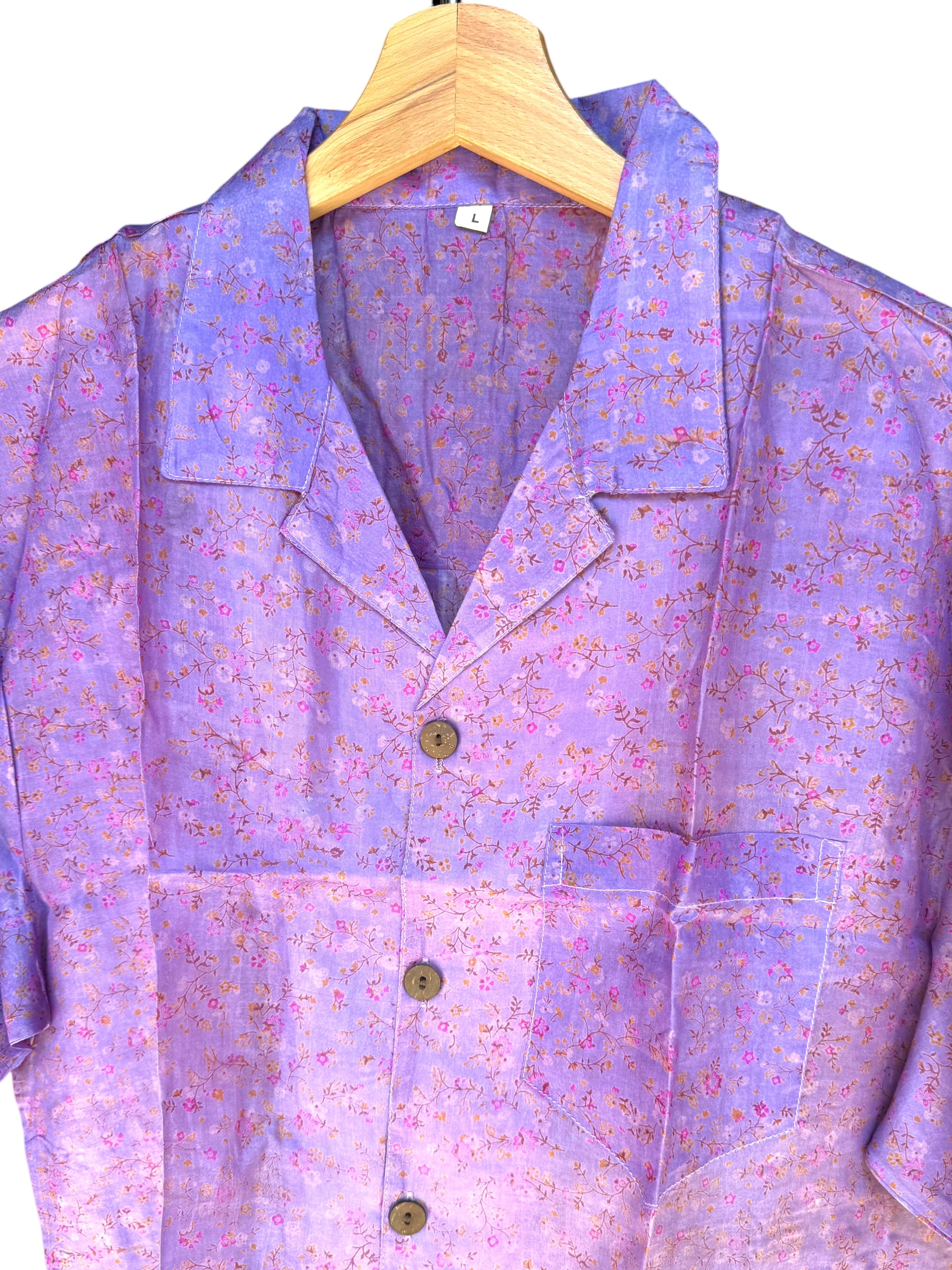 Camicia in Seta Sari Floreale Lilla Rosa Boho Unisex - Taglia L
