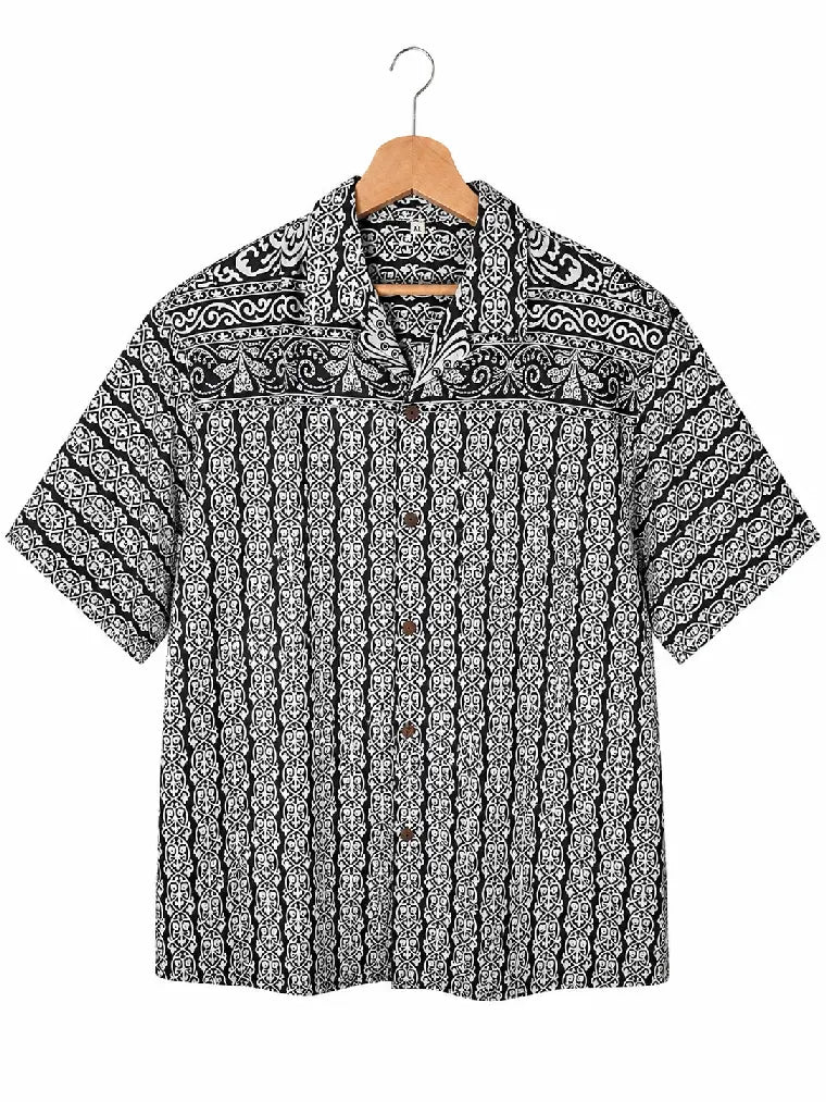 Camicia in Seta Sari Batik Balinese Nero e Bianco Unisex - Taglia XL