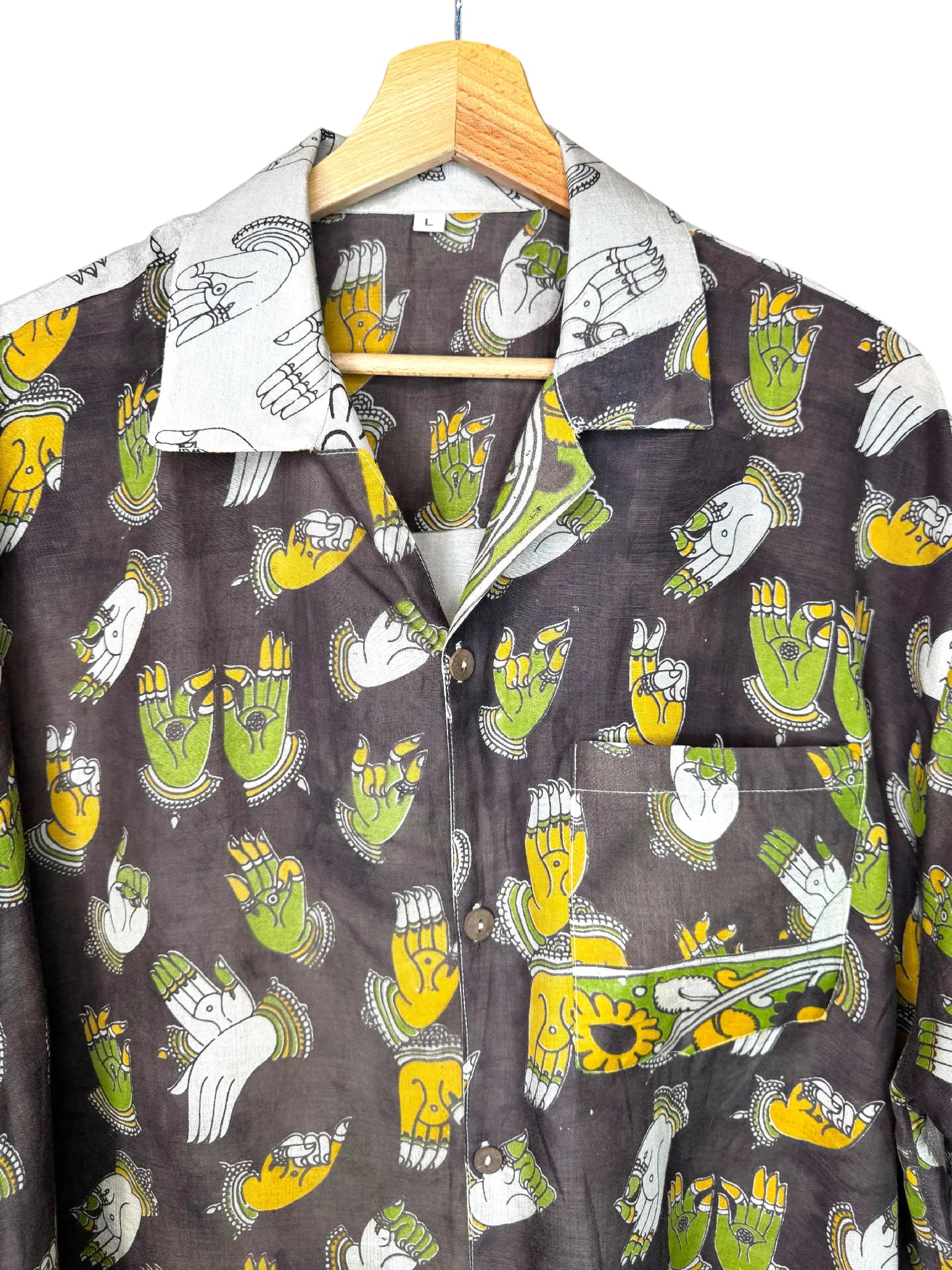 Camicia Etnica Kalamkari Mani Sacre Cotone Grigio - Taglia L