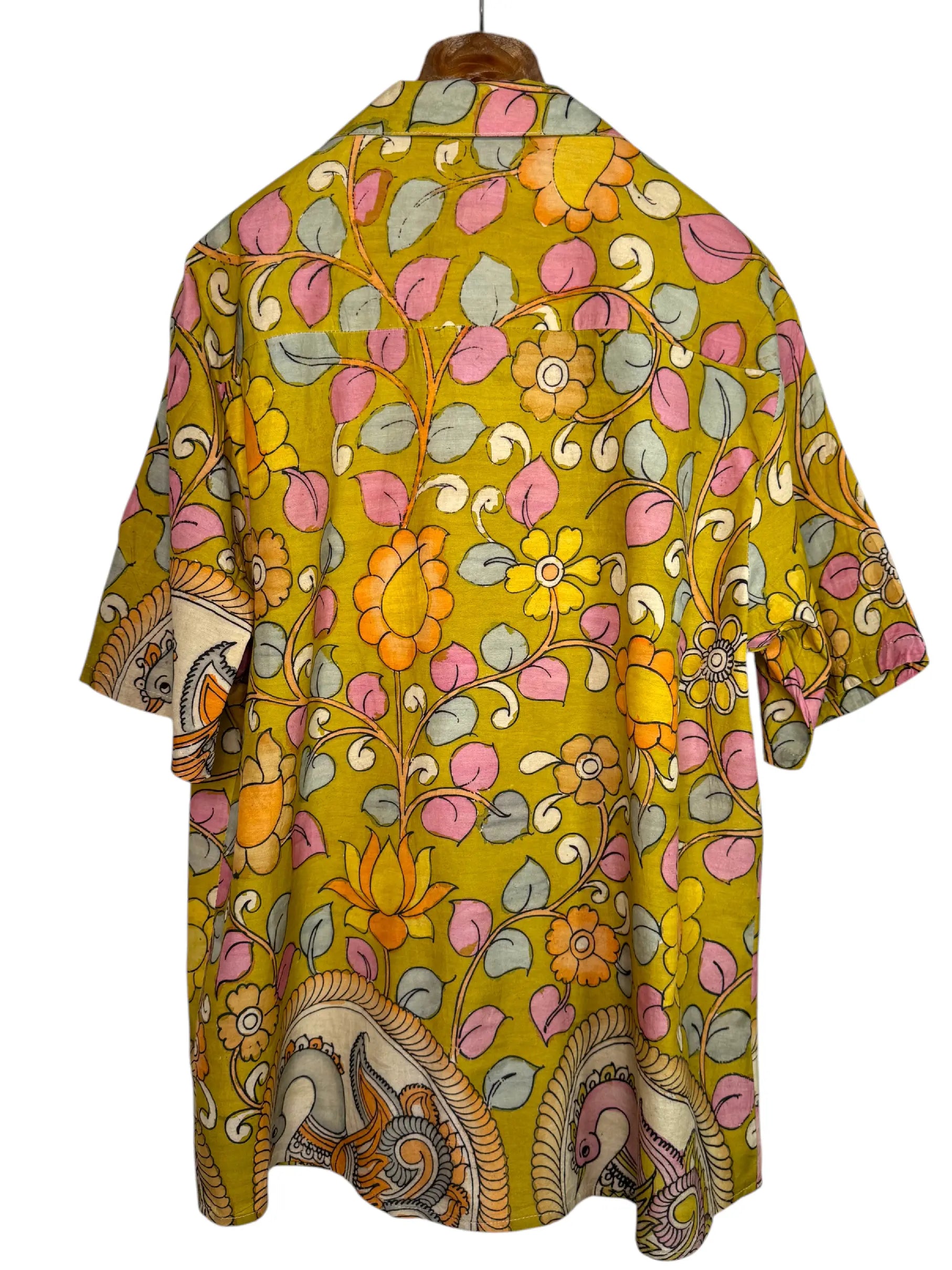 Camicia Etnica Seta Tussar Kalamkari Fiori e Pavoni - Tg L