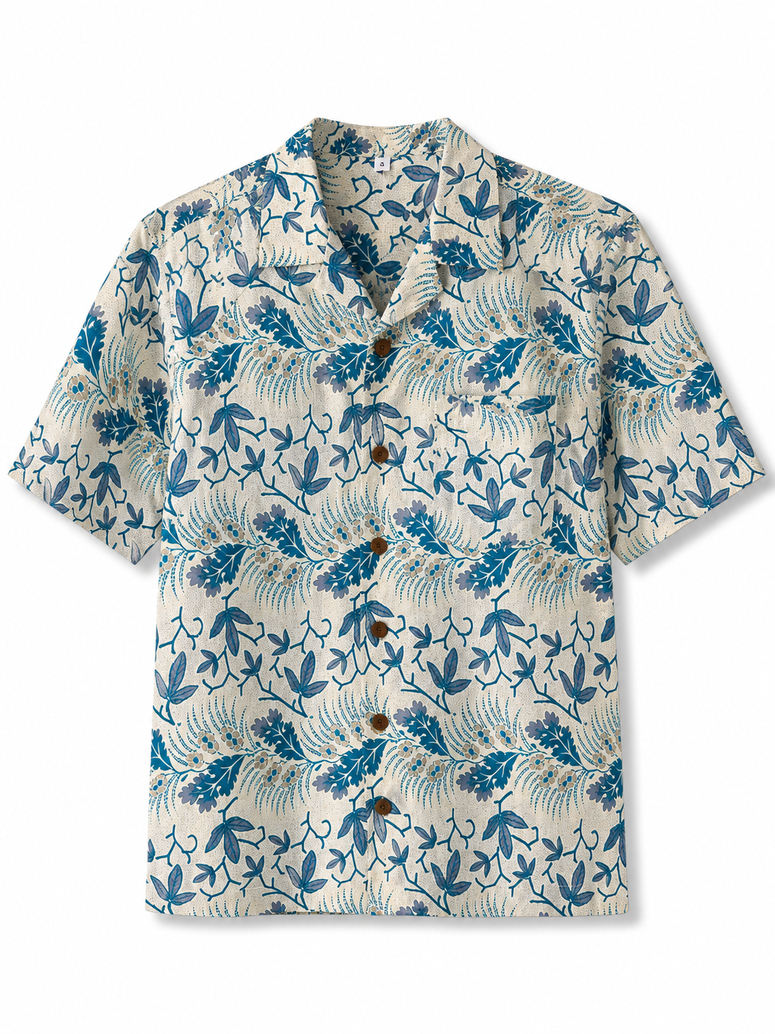 Camicia in Seta Sari Botanica Avorio Blu Foglie Unisex - Taglia S