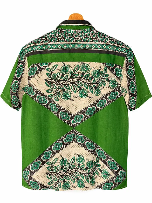 Camicia in Seta Sari Verde con Medaglioni a Rombo Unisex - Taglia M