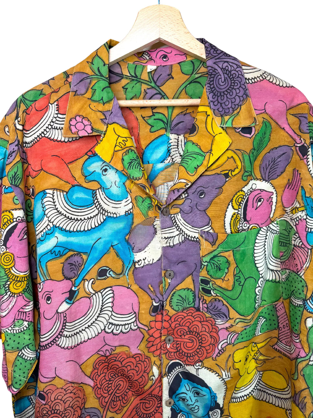 Camicia Etnica Seta Tussar Kalamkari Krishna e Vacche - XL