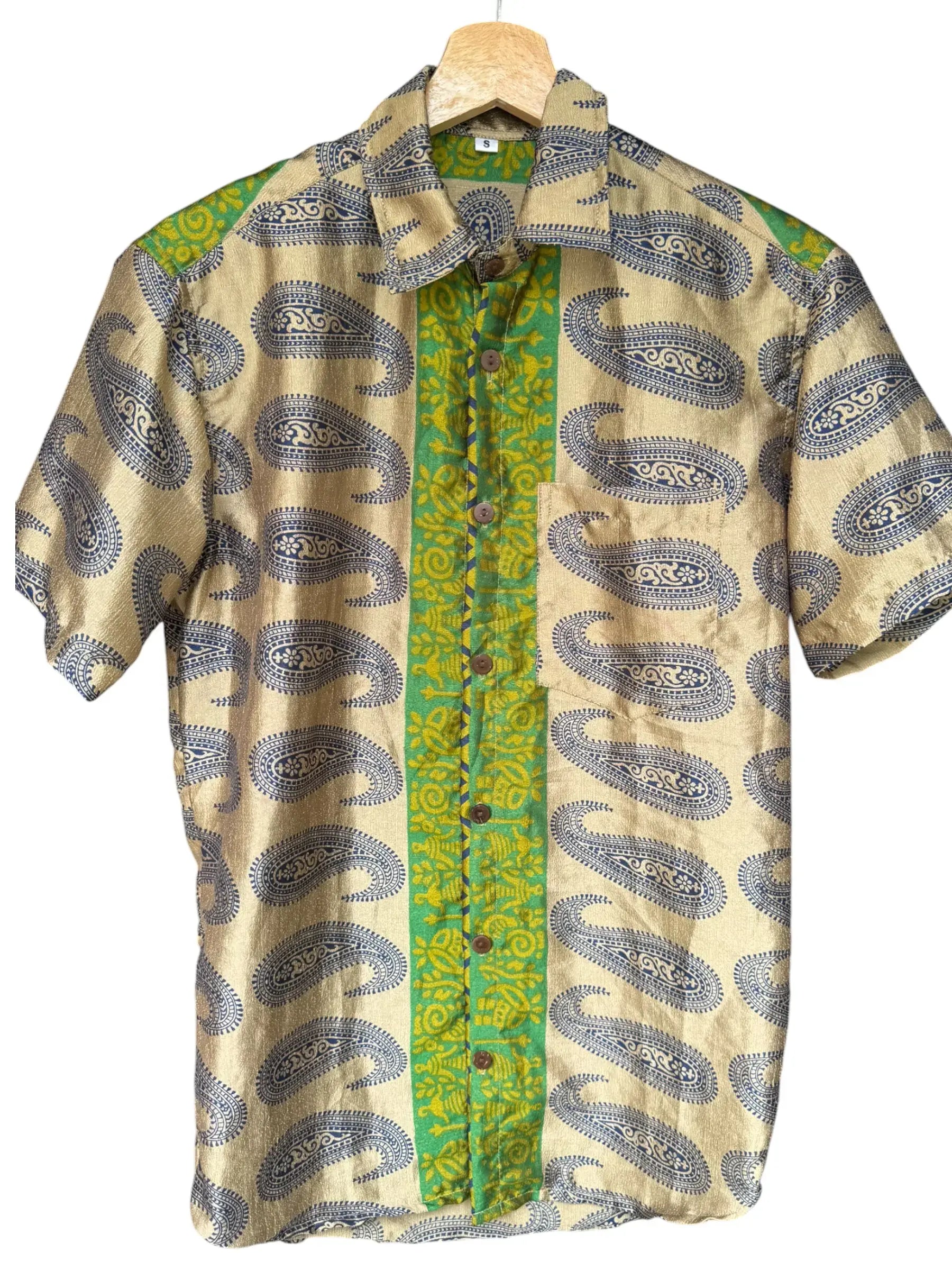 Camicia Paisley Etnica Beige e Blu Vintage - Taglia S