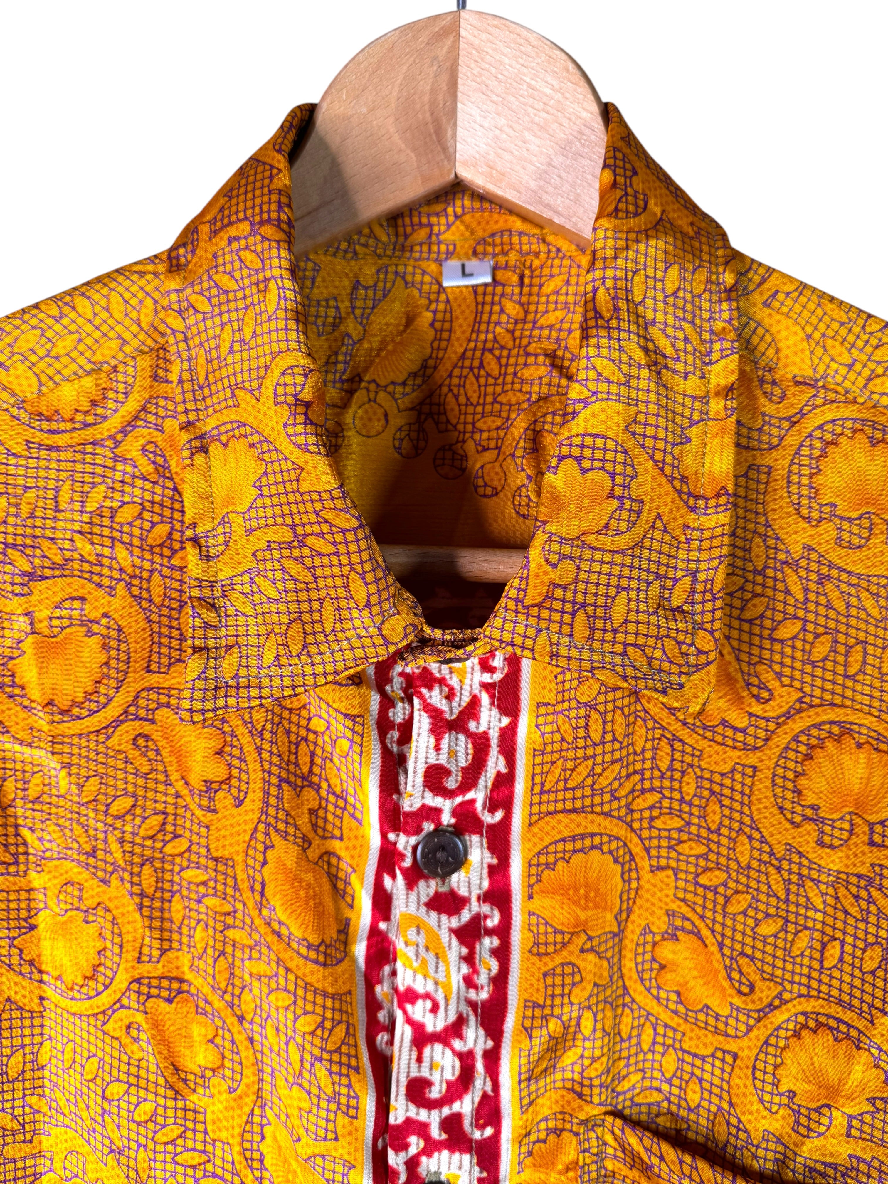 Camicia Sari Etnica Ocra Arancio Floreale Ikat Unisex - Taglia L