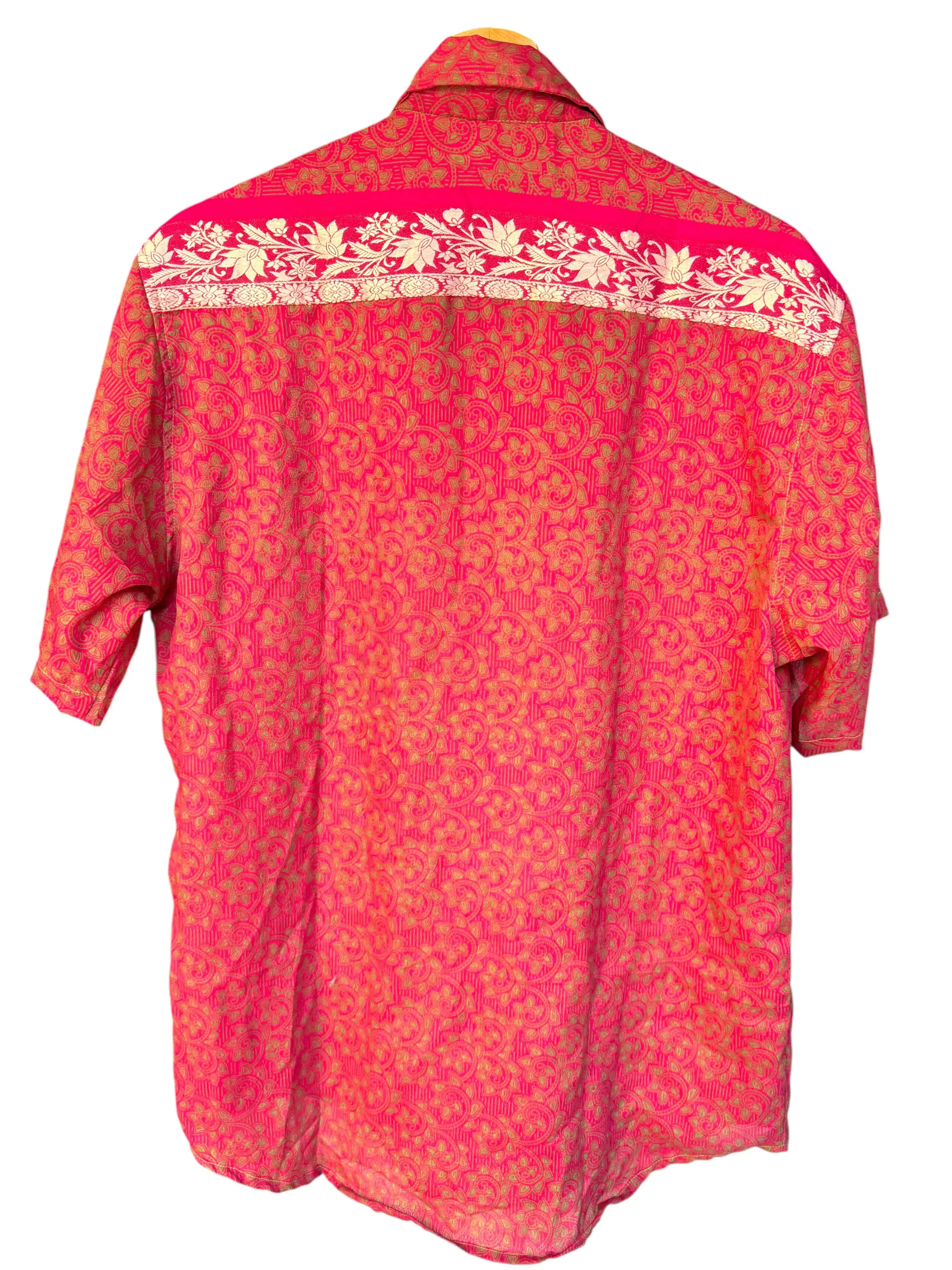 Camicia Etnica Fucsia Verde - Arabesco Floreale Boho Sari - Taglia L