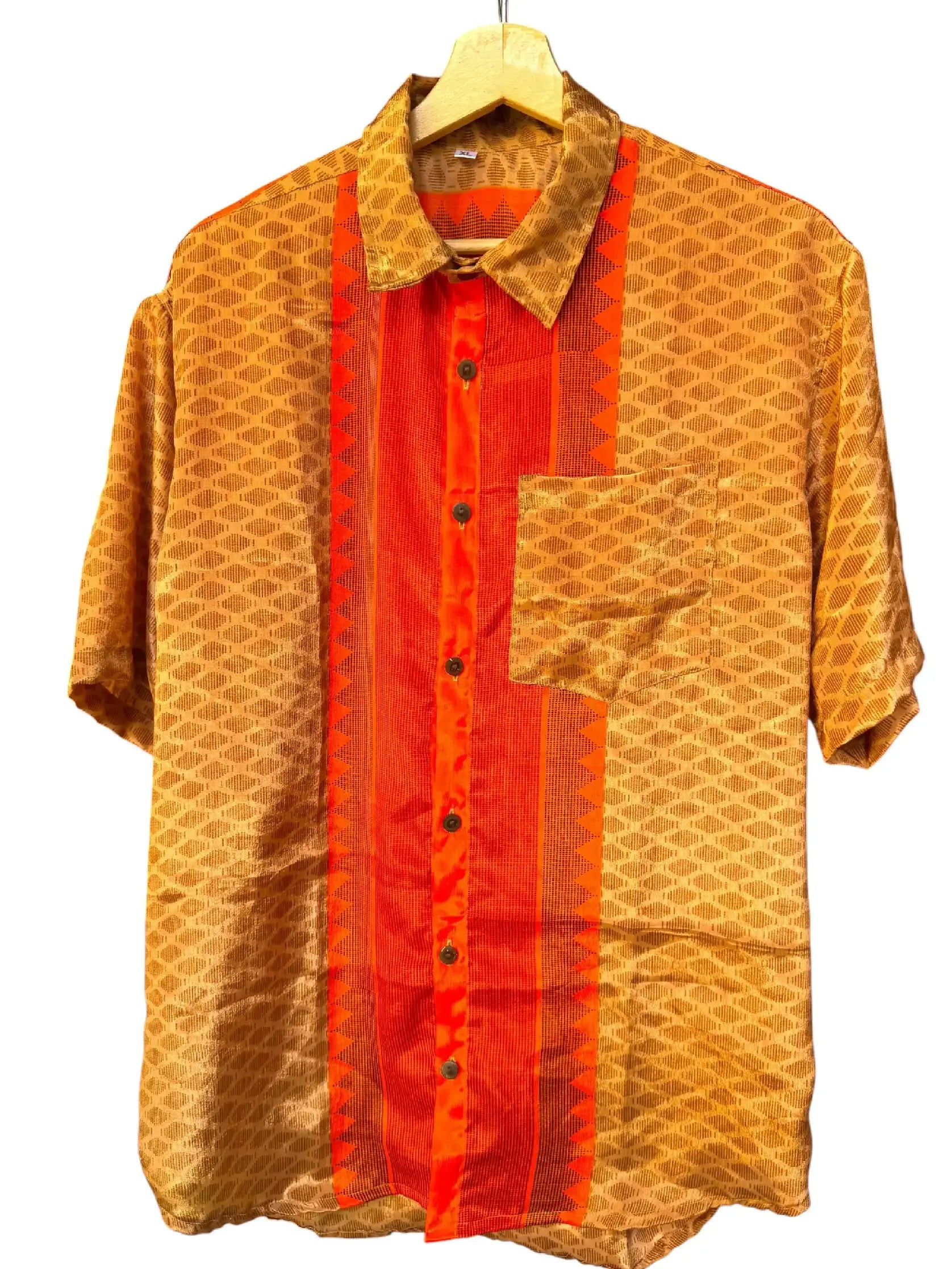 Camicia Etnica Oro Arancio - Rombi Geometrici Boho Sari - Taglia XL
