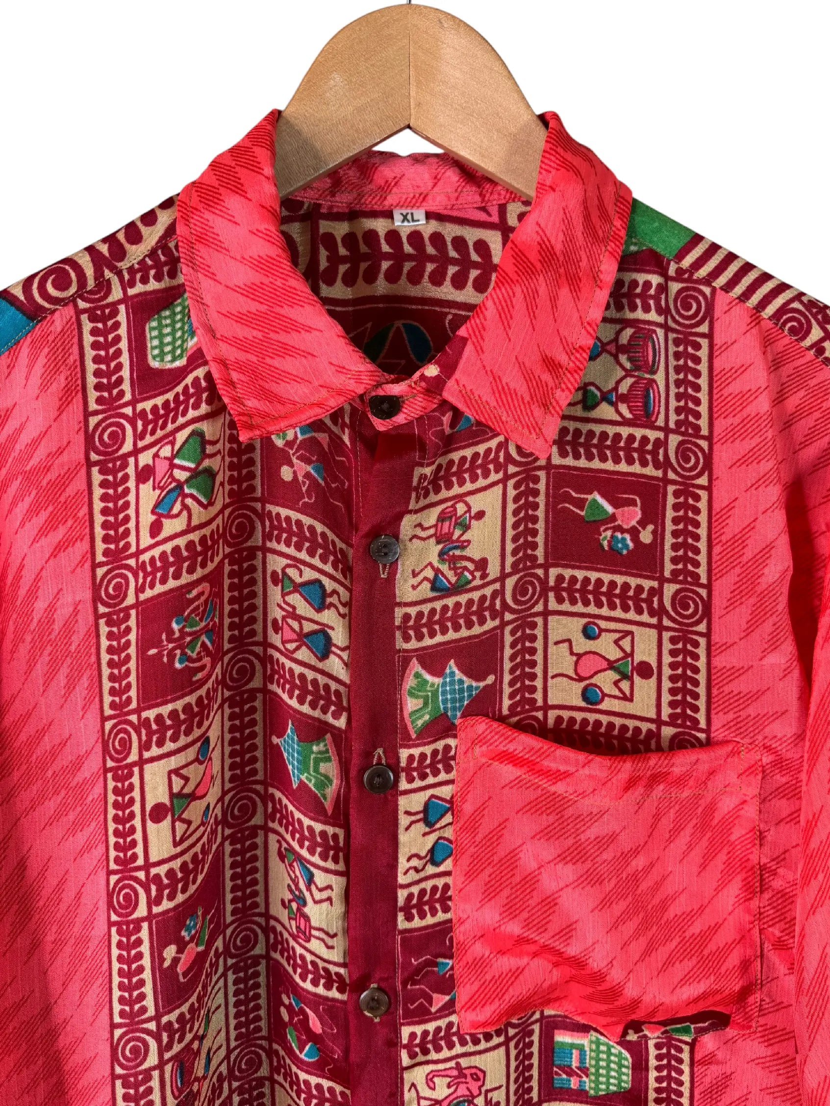 Camicia Sari Warli Corallo e Avorio Figure Folk Unisex - Taglia XL