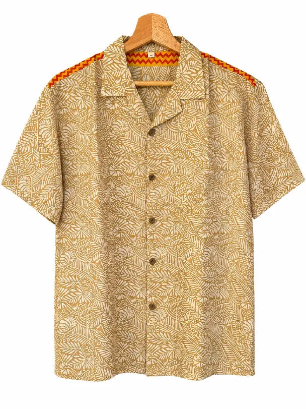 Camicia in Seta Sari Foglie Oro con Banda Zigzag Unisex - Taglia M