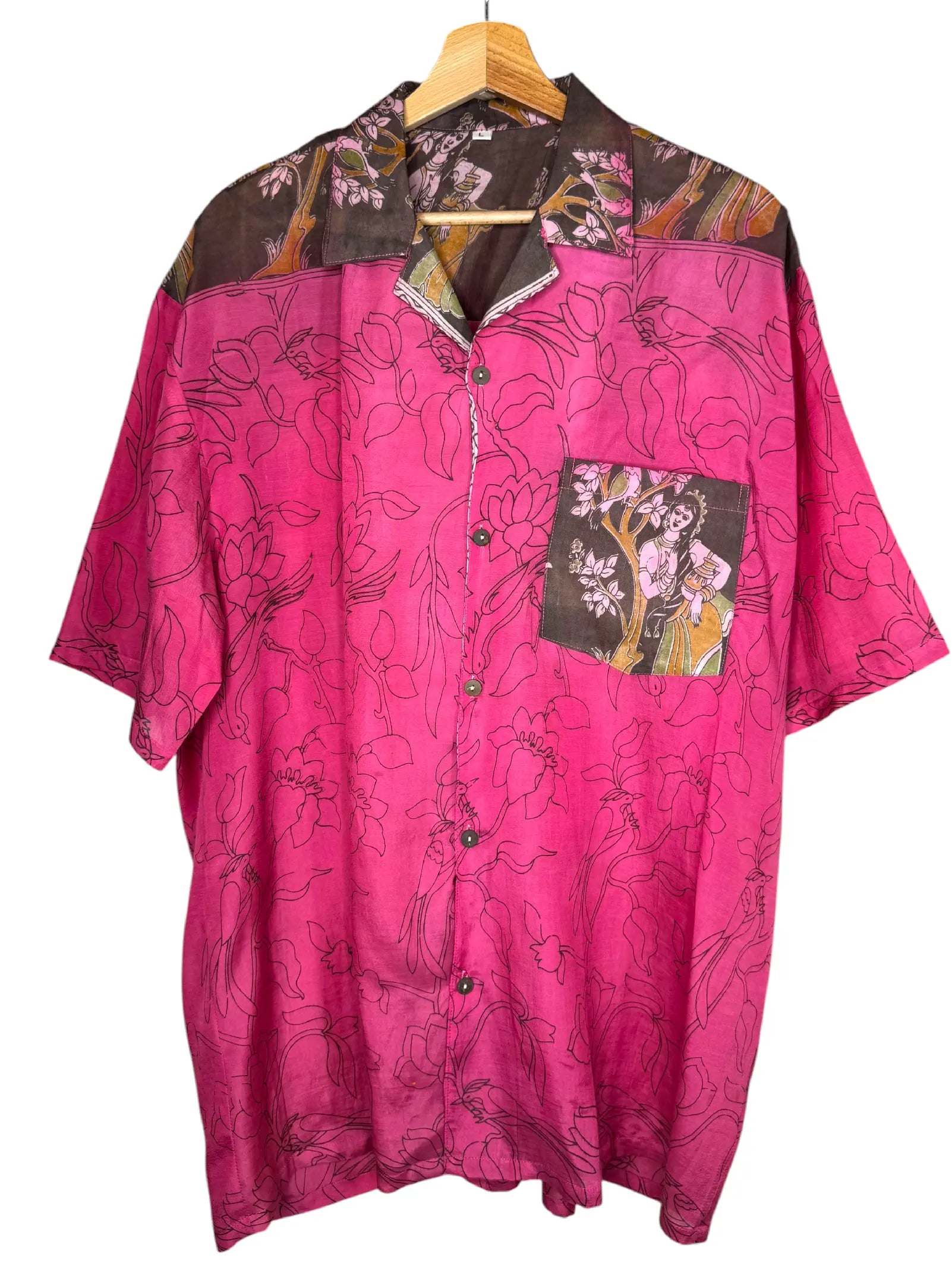 Camicia Etnica Kalamkari Fiori e Uccelli Cotone Fucsia - L