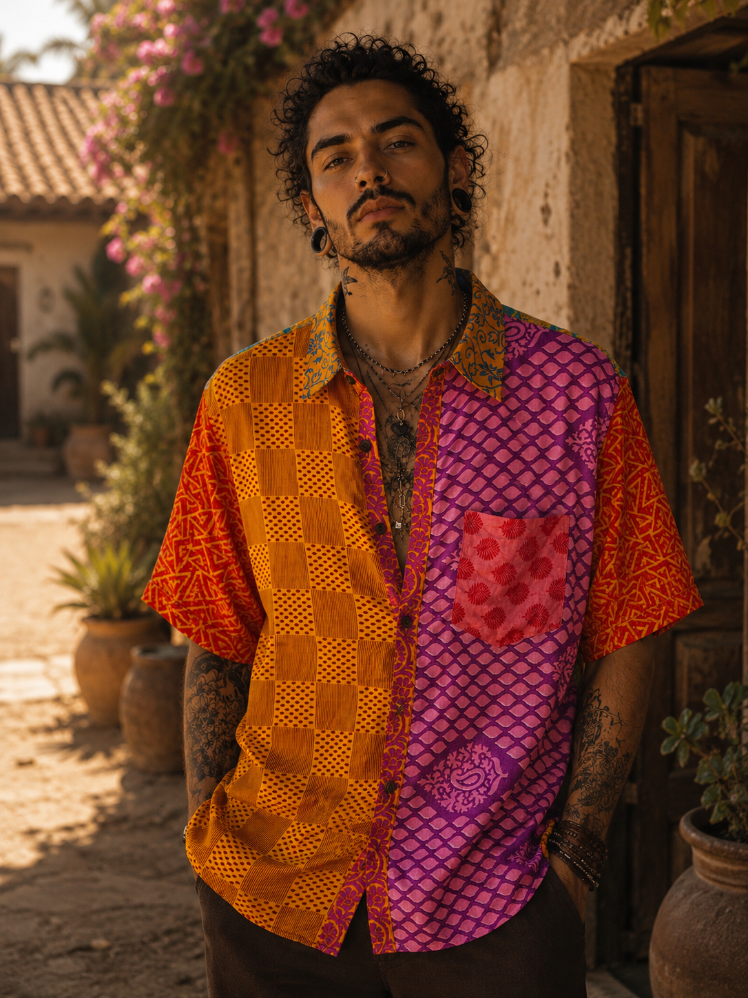 Camicia Etnica Arancio Viola - Patchwork Boho Sari - Taglia XL