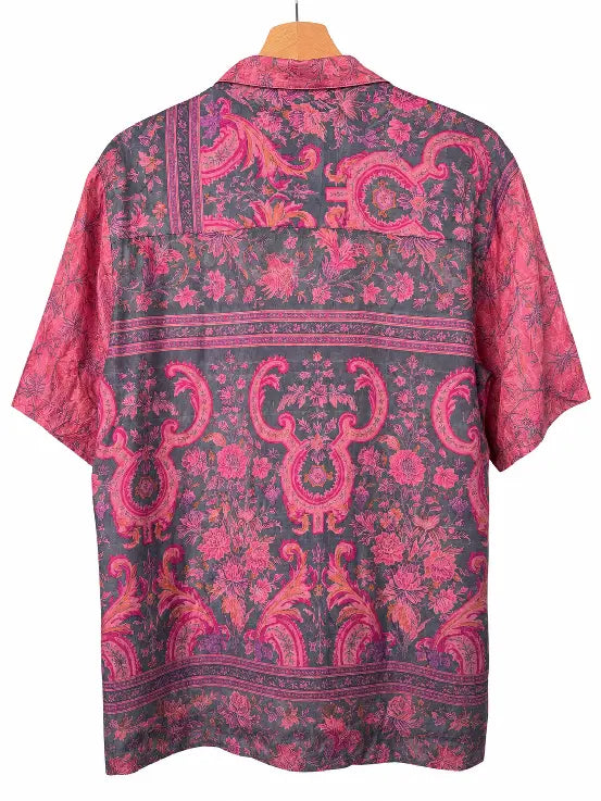 Camicia in Seta Sari Batik Floreale Fucsia Antracite Unisex - Taglia S