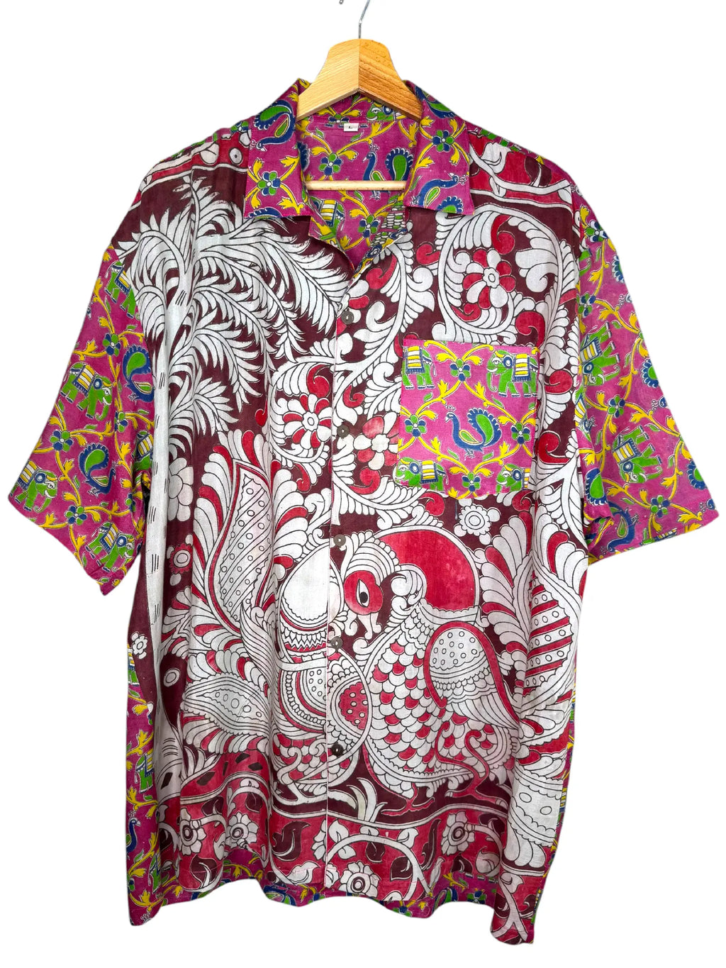 Camicia Etnica Kalamkari Pavone Cotone Fucsia - Taglia L