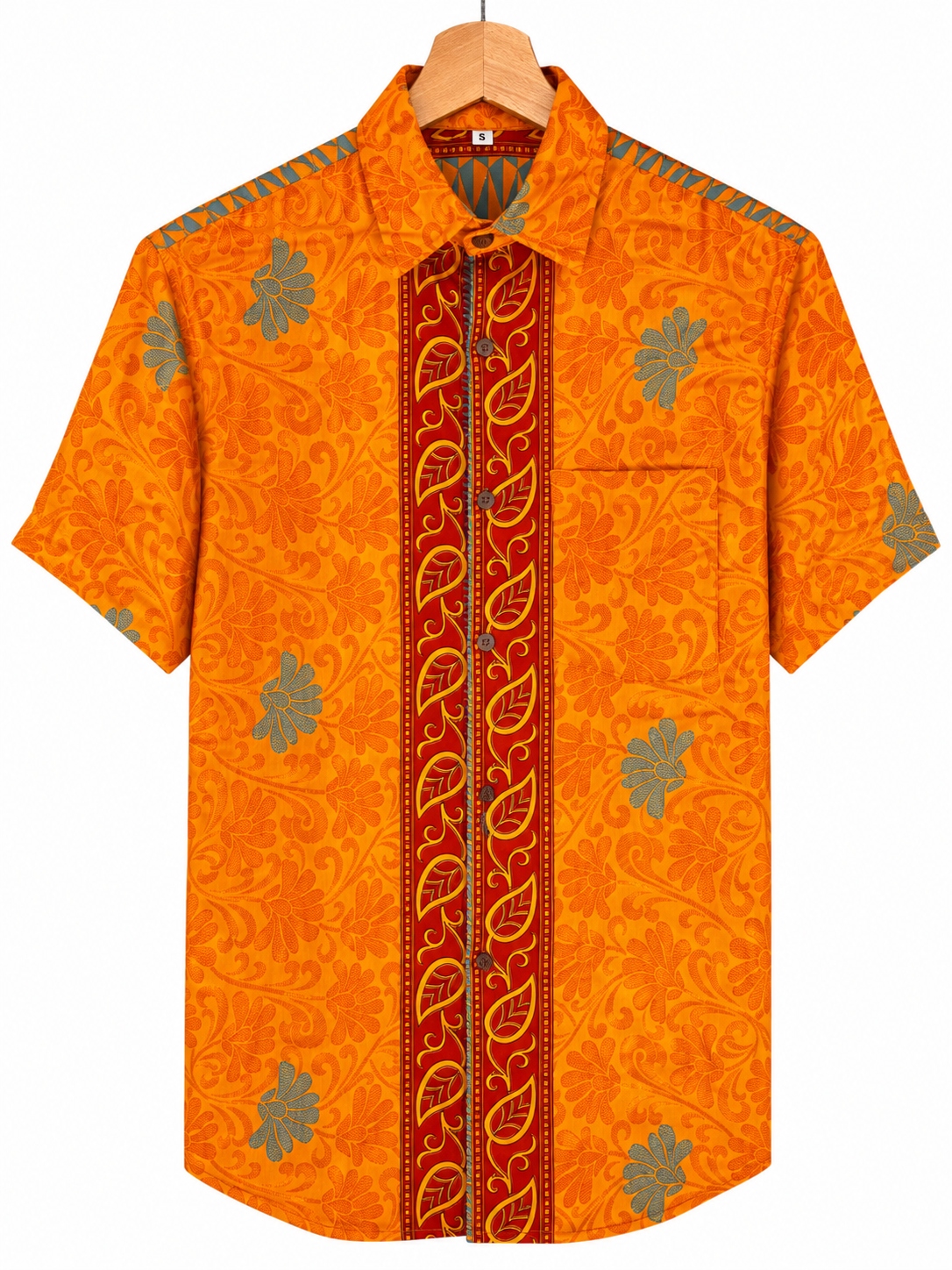 Camicia Sari Etnica Arancio Floreale Bordo Bordeaux Unisex - Taglia S