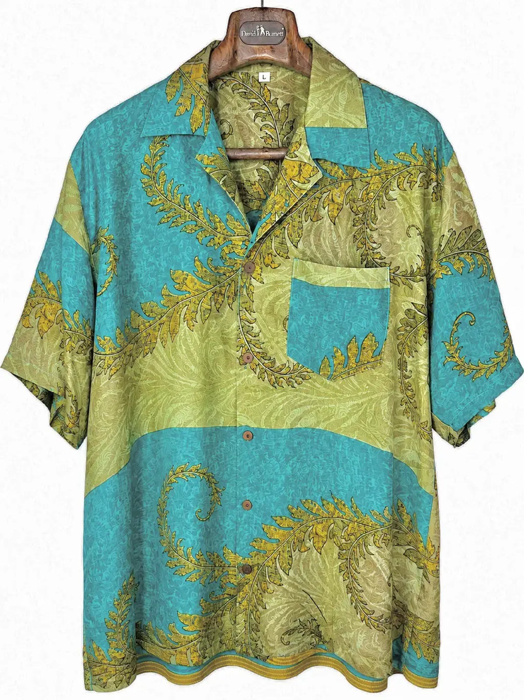 Camicia Etnica in Seta Sari Vintage Foglie Turchese - Taglia L
