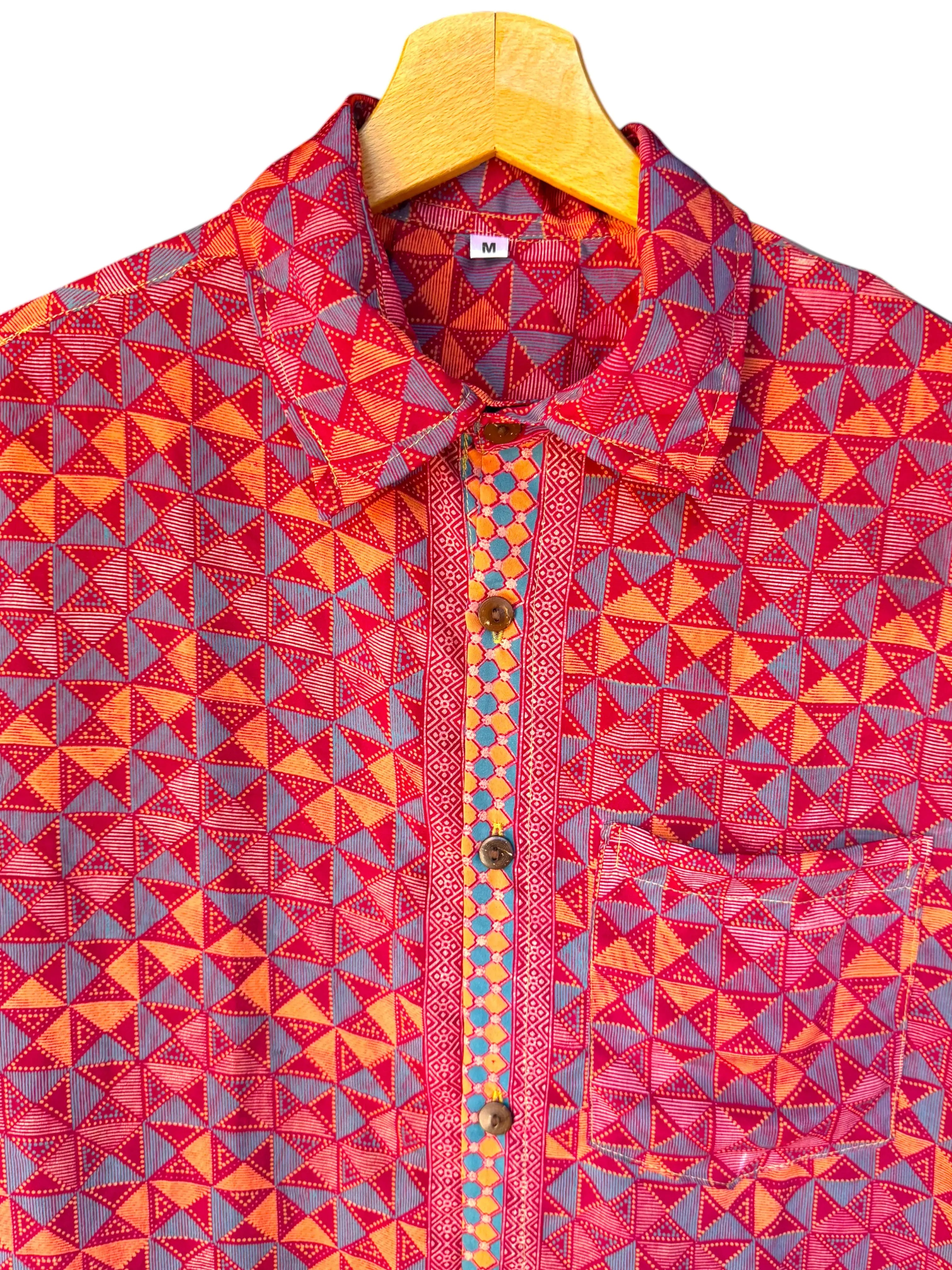 Camicia sari indiani unisex geometrica rossa arancio - Taglia M