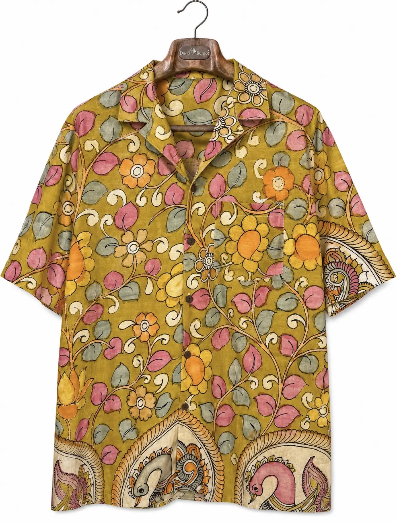 Camicia Etnica Seta Tussar Kalamkari Fiori e Pavoni - Tg L