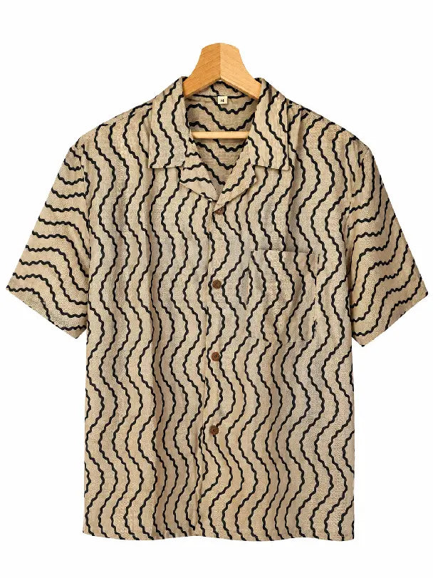 Camicia in Seta Sari Onde Nere su Sabbia Unisex - Taglia M