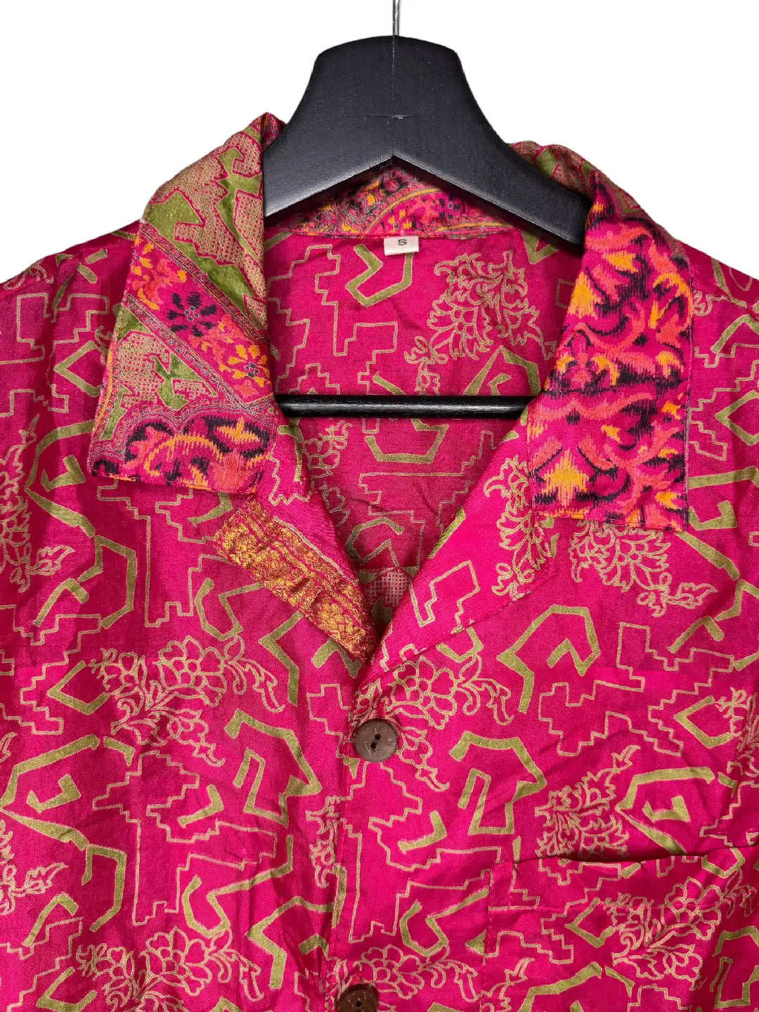 Camicia in Seta Sari Geometrica Floreale Fucsia e Verde - Taglia S