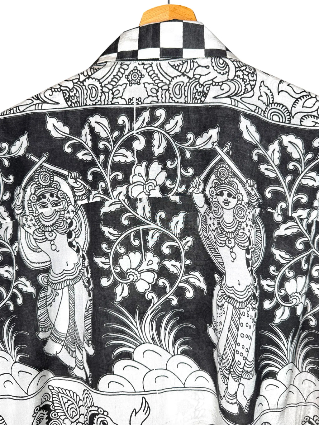 Camicia Etnica Kalamkari Elefanti Cotone Bianco e Nero - L