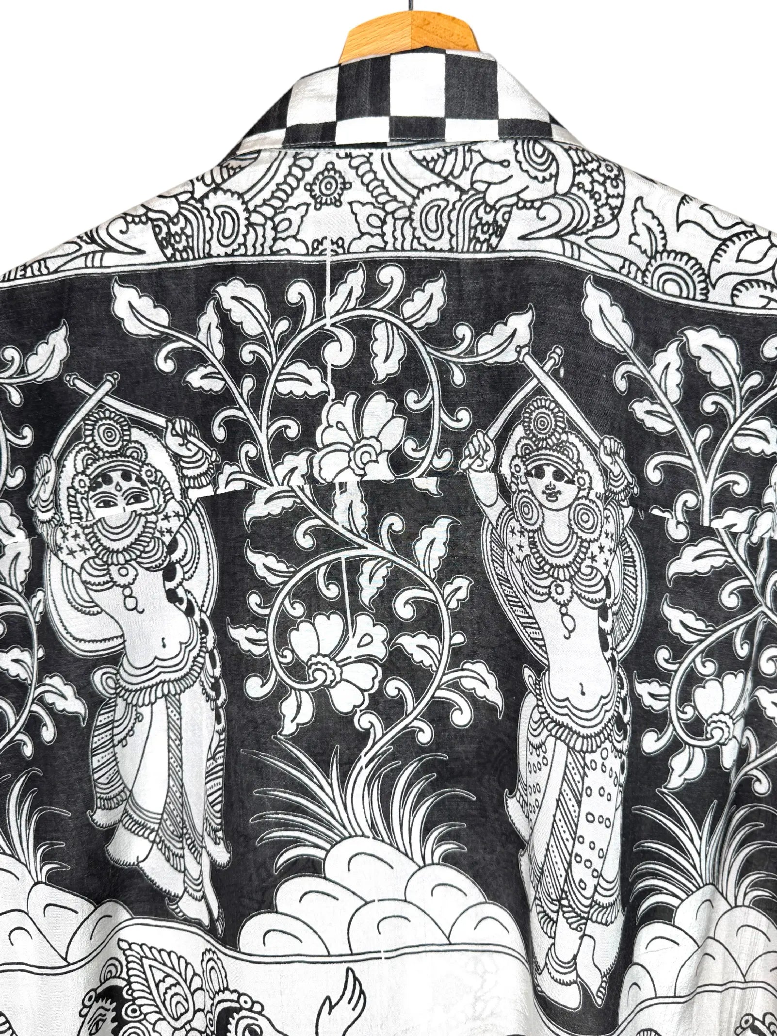 Camicia Etnica Kalamkari Elefanti Cotone Bianco e Nero - L